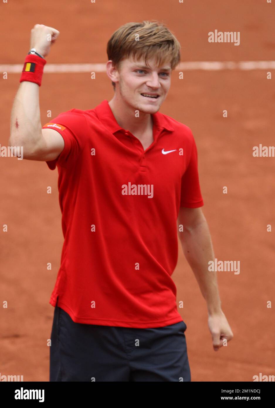 20120914 - BRUXELLES, BELGIQUE: David Goffin Belge célèbre après avoir remporté le deuxième match de la coupe Davis entre la Belgique et la Suède, pour le Groupe mondial au Royal Primerose tennis Club à Bruxelles, le vendredi 14 septembre 2012. David Goffin belge (ATP 56) et Andreas Vinciguerra suédois jouent le deuxième des cinq matchs. BELGA PHOTO VIRGINIE LEFOUR Banque D'Images