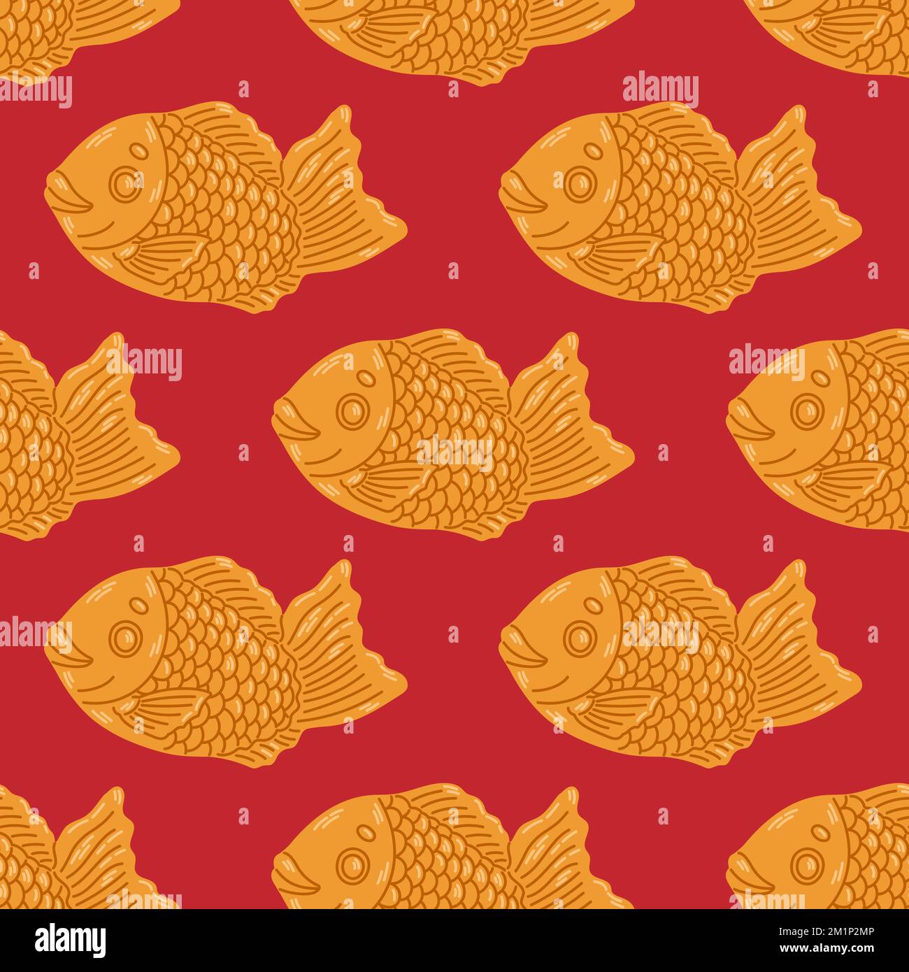Motif sans couture taiyaki. Gâteau en forme de poisson avec garniture aux haricots rouges. Cuisine de rue japonaise. Illustration vectorielle de dessin animé. Illustration de Vecteur
