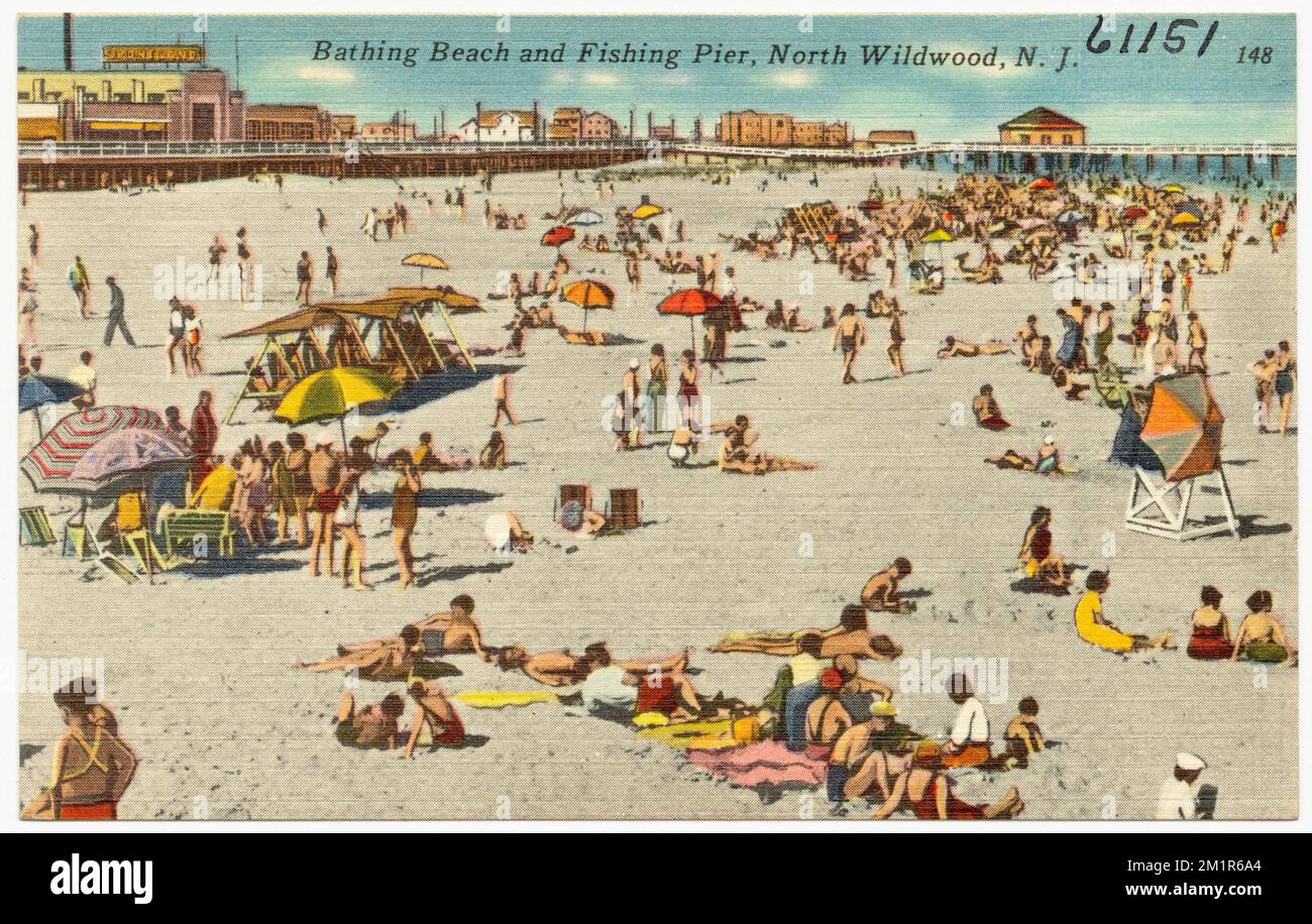 Plage de baignade et jetée de pêche, North Wildwood, N. J. , plages, Collection de frères Tichnors, Cartes postales des États-Unis Banque D'Images