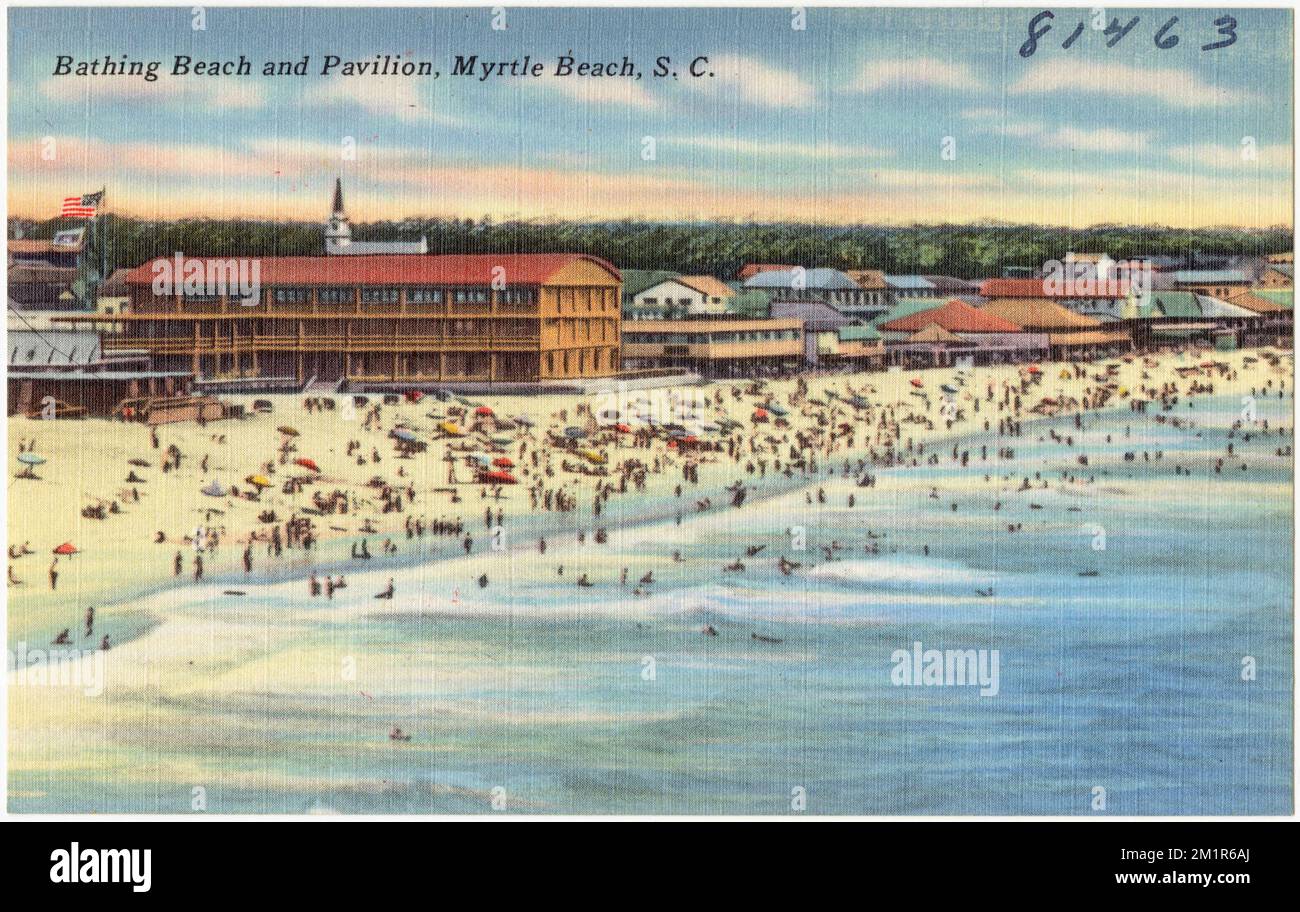 Plage de baignade et pavillon, Myrtle Beach, S. C. , plages, installations sportives et récréatives, Collection Tichnor Brothers, cartes postales des États-Unis Banque D'Images