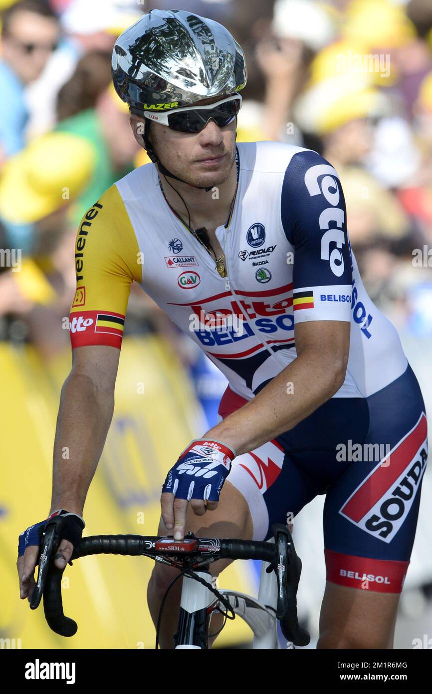 Belge Jurgen Roelandts de Lotto - Belisol photographié pendant la douzième étape de l'édition 100th de la course cycliste Tour de France, 218km de Fougères à Tours, France, le jeudi 11 juillet 2013. Banque D'Images