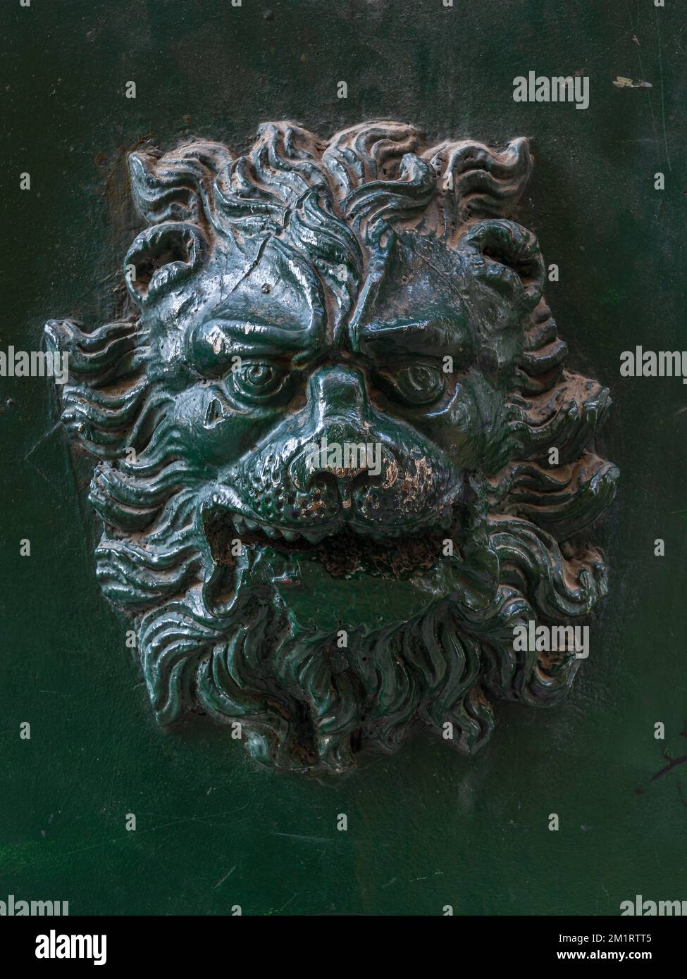 Vue rapprochée de l'ancienne tête de lion sculptant sur une porte en bois vert foncé, Montpellier, France Banque D'Images