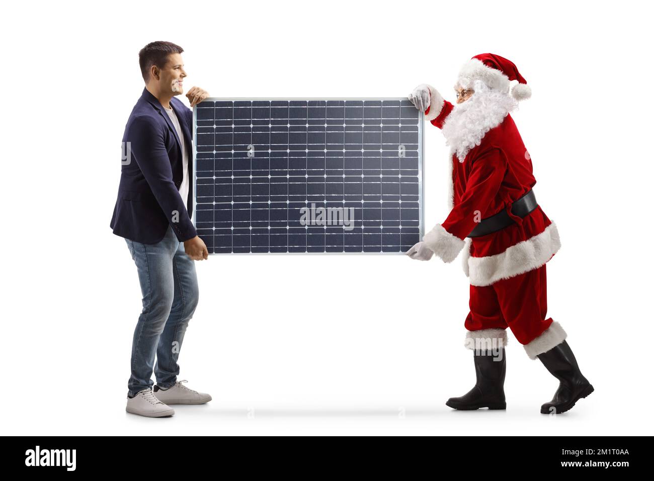Photo de profil du jeune homme et du père noël portant un panneau solaire isolé sur fond blanc Banque D'Images