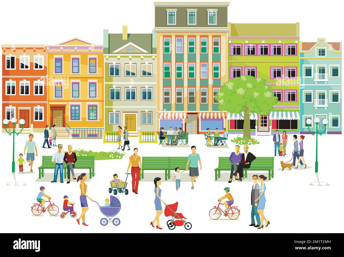 Silhouette de ville avec des personnes à loisir dans le quartier résidentiel, illustration Illustration de Vecteur