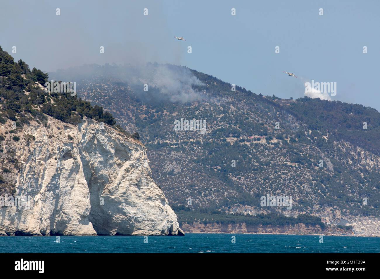 Pompiers aériens qui ont allumé des feux de forêt sur la péninsule de Gargano, Mattinata, province de Foggia, Italie, Europe Banque D'Images
