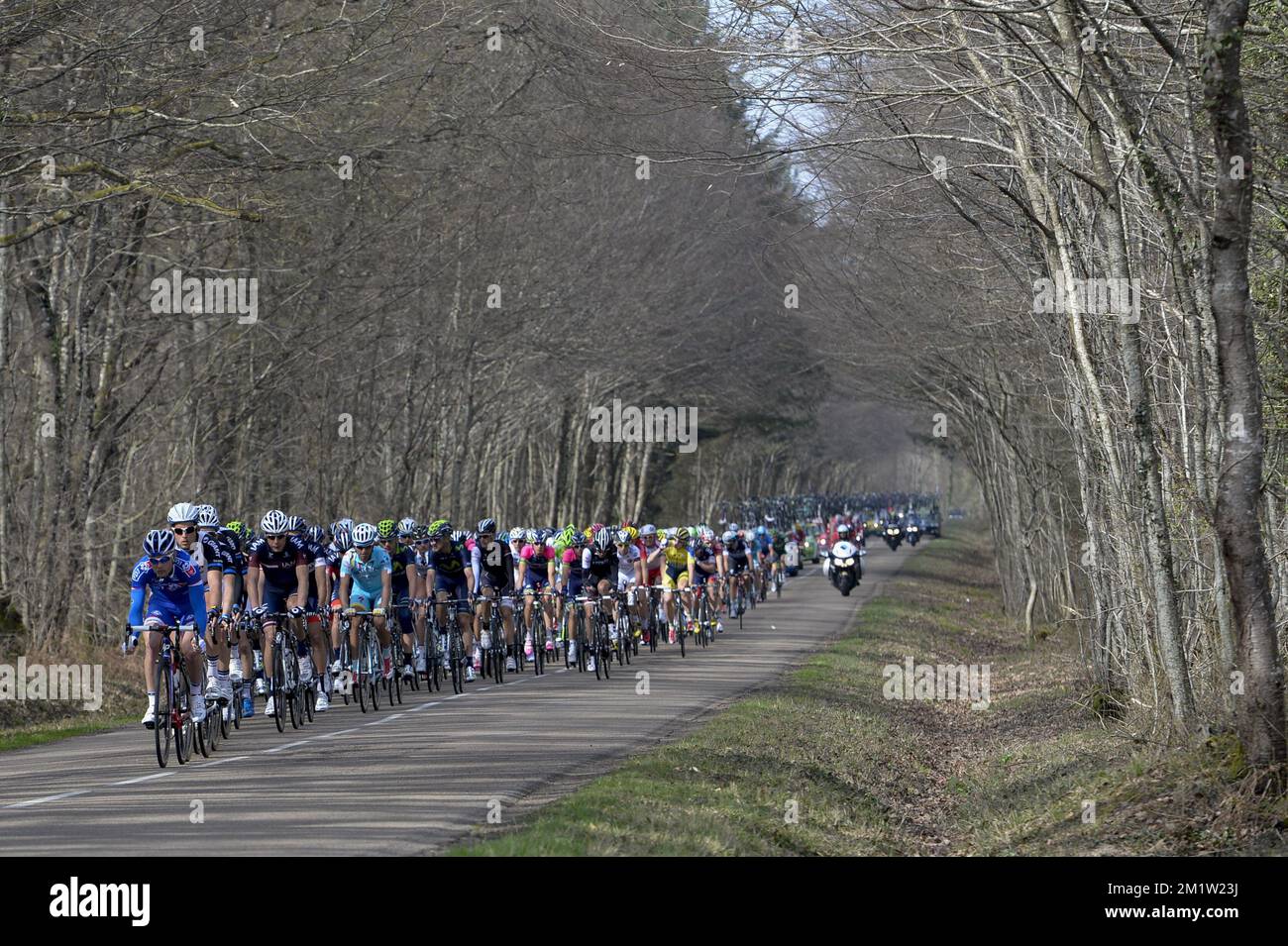 20140311 - MAGNY-COURS, FRANCE: Illustration montre le pack de cyclistes lors de la troisième étape de l'édition 72nd de Paris-Nice course cycliste, 180km de Toucy au circuit de Nevers Magny-cours, mardi 11 mars 2014. Banque D'Images