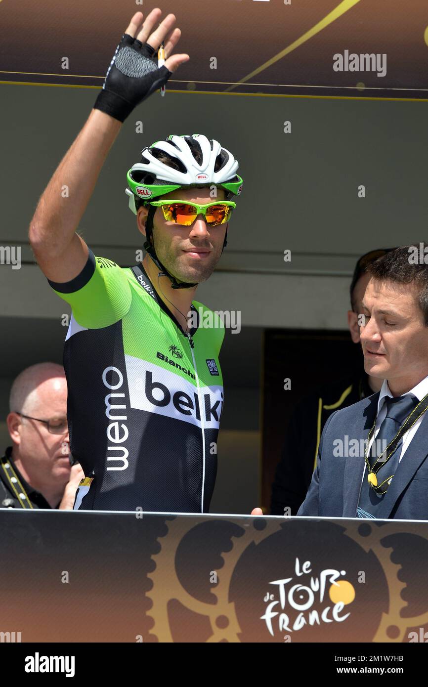 Belgian Maarten Wynants of Belkin Pro Cycling Team photographié au début de la phase 3 de l'édition 101st de la course cycliste Tour de France, à 155 km de Cambridge à Londres, Royaume-Uni, le lundi 07 juillet 2014. Banque D'Images