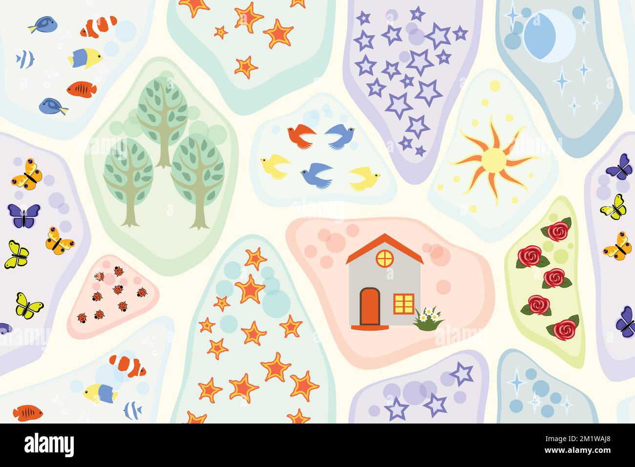 Un modèle de diverses choses - arbres, étoiles, oiseaux, fleurs Illustration de Vecteur