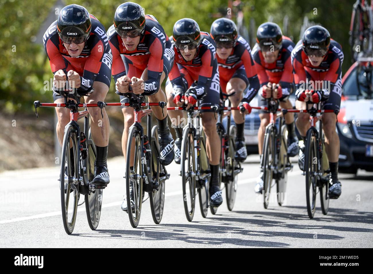 Les pilotes de l'équipe BMC Racing ont été photographiés pendant le procès en équipe masculine aux championnats du monde de cyclisme UCI à Ponferrada, Espagne, le dimanche 21 septembre 2014. Banque D'Images