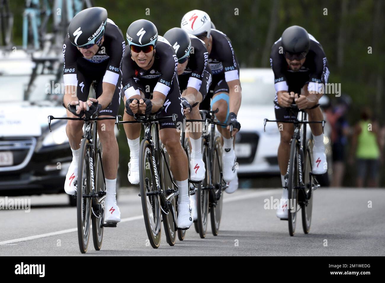 Omega Pharma - les coureurs Quick Step photographiés pendant le procès en équipe masculine aux championnats du monde de cyclisme UCI à Ponferrada, Espagne, dimanche 21 septembre 2014. Banque D'Images