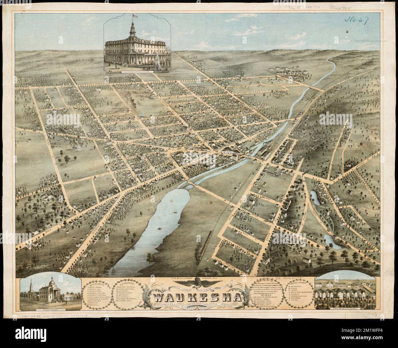 Vue d'oiseau de Waukesha, comté de Waukesha, Wisconsin 1874 : vue sud-ouest, Waukesha Wisconsin, vues aériennes Norman B. Leventhal Map Center Collection Banque D'Images