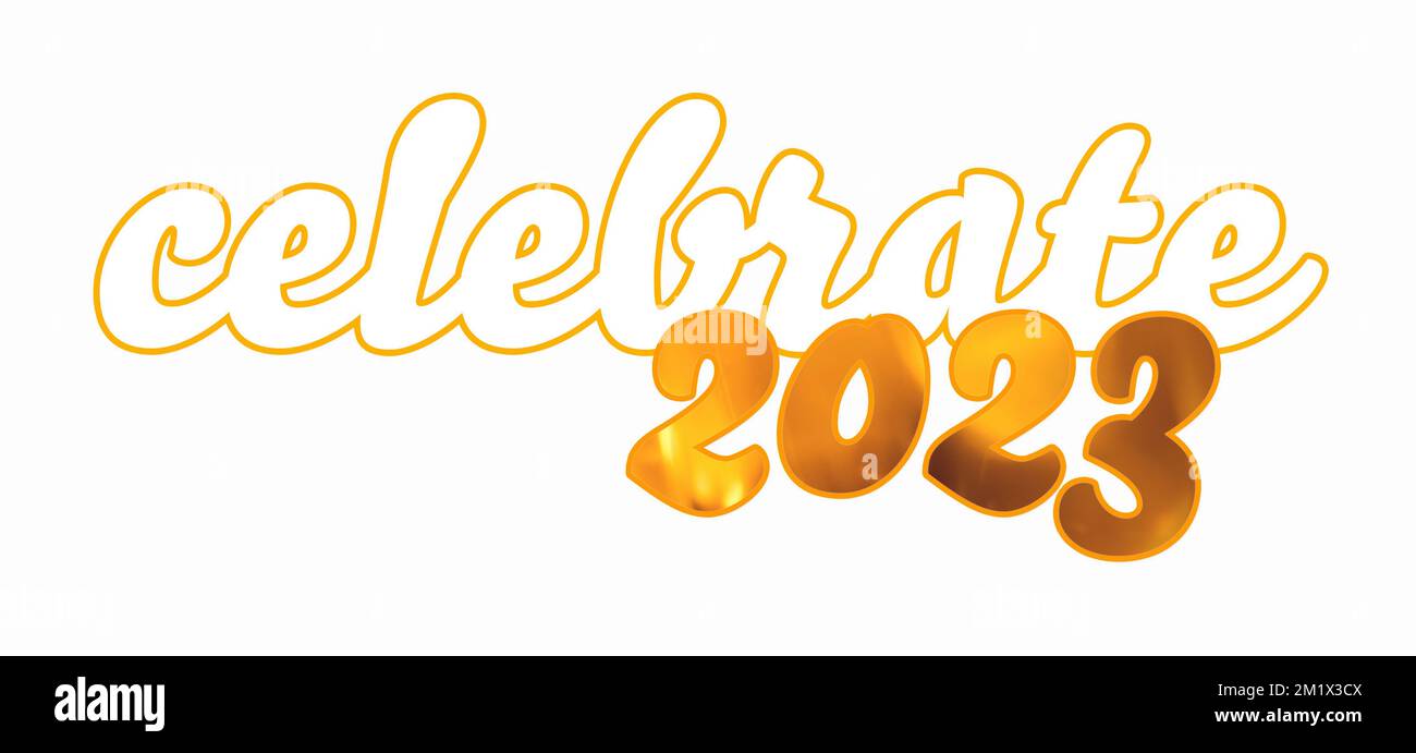 Célébrez 2023 en typographie or et blanc pour le nouvel an, bannière, affiche, carte, fond, couvercle, affiche supérieure, classement. Banque D'Images