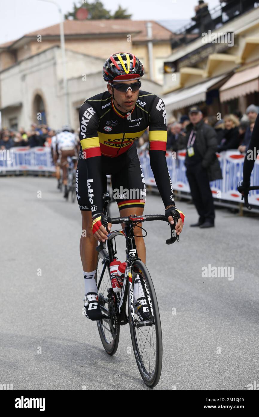 Jens Debusschere belge de Lotto - Soudal photographié à la cinquième étape de l'édition 50th de la course cycliste de Tirreno-Adriatico, à 194 km d'Esanatoglia à Terminillo, dimanche 15 mars 2015, Italie. Banque D'Images