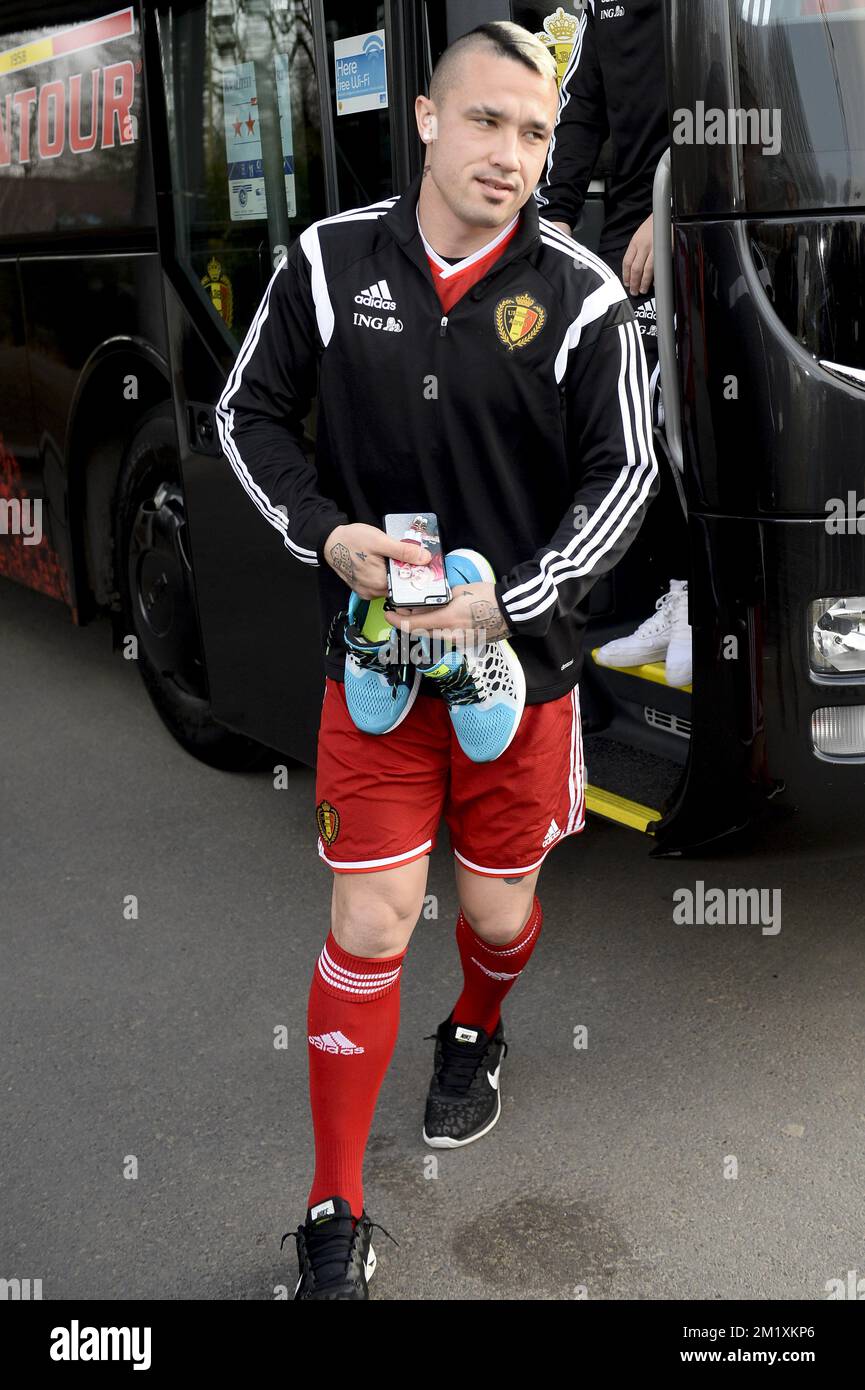 Radja Nainggolan en Belgique photographié lors d'une séance d'entraînement de l'équipe nationale belge de football Red Devils, lundi 23 mars 2015, à Neerpede, Bruxelles. La Belgique jouera ses quatrième et cinquième matchs de la qualification Euro 2016 contre Chypre le 28 mars en Belgique et contre Israël le 31 mars en Israël. Banque D'Images