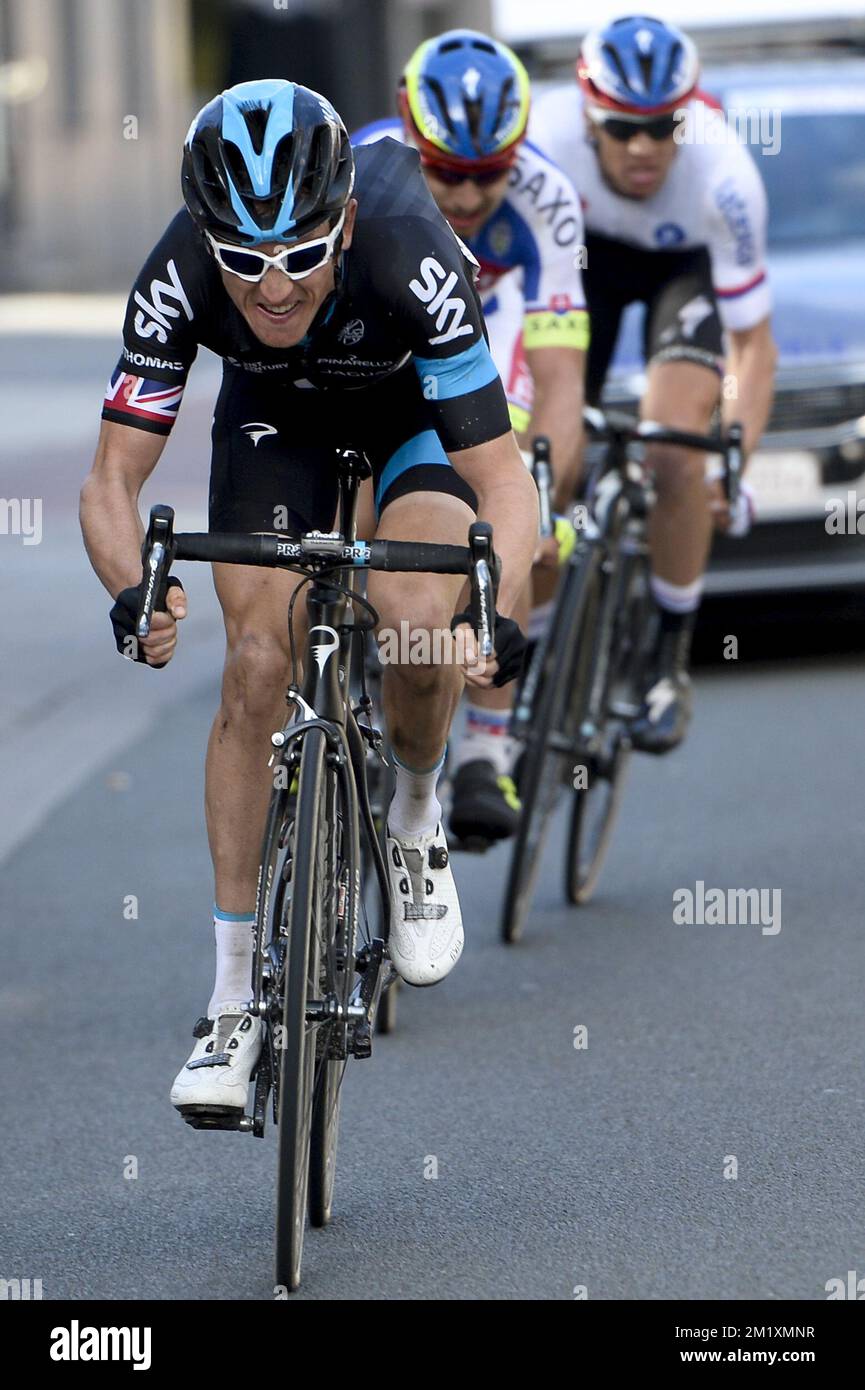 British Geraint Thomas de Team Sky photographié lors de l'édition 58th de la course cycliste 'E3 prijs Vlaanderen Harelbeke', 215,3km de et à Harelbeke, vendredi 27 mars 2015. Banque D'Images