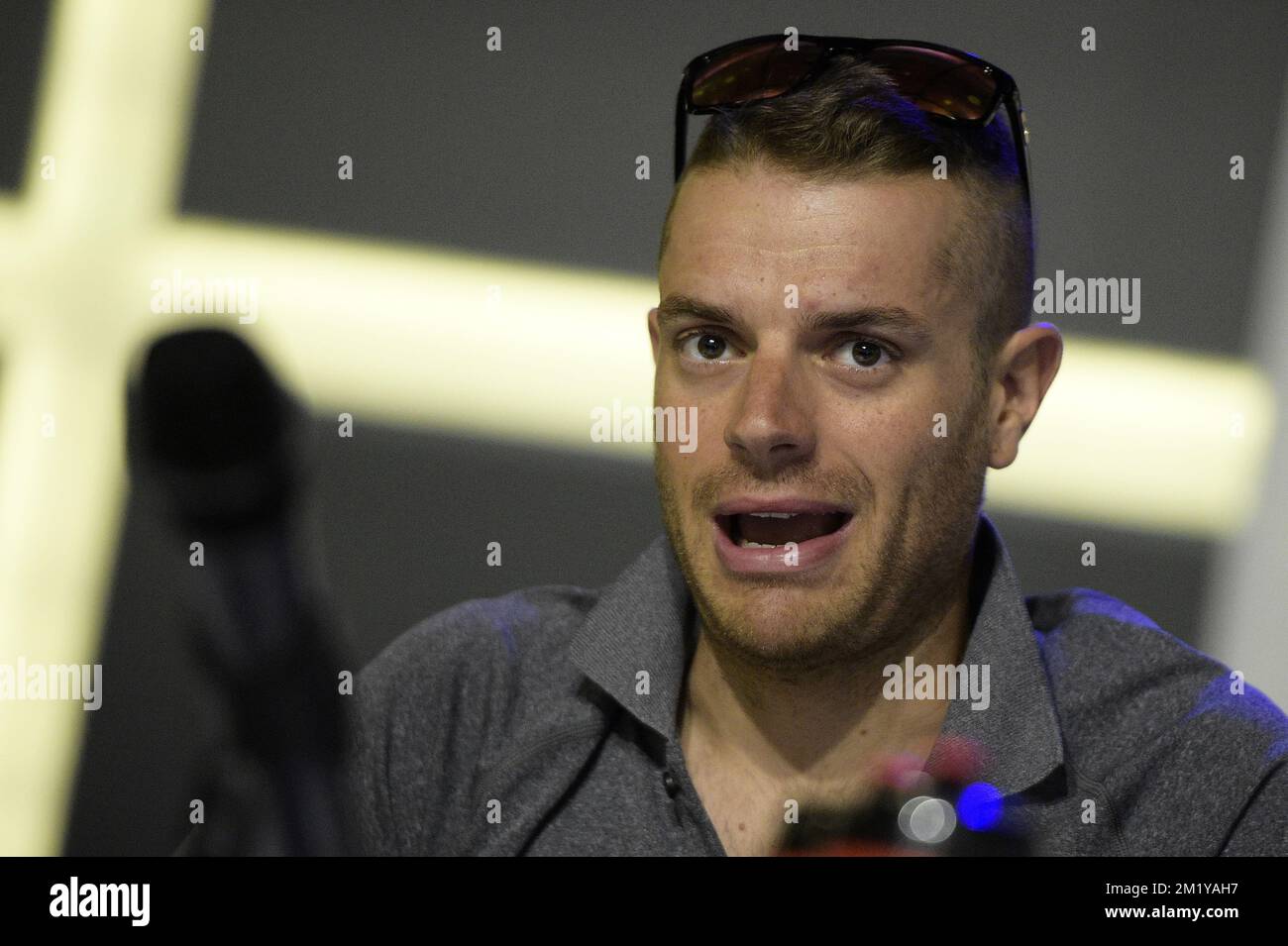 20150703 - UTRECHT, PAYS-BAS: Italien Damiano Caruso de BMC Racing Team photographié lors d'une conférence de presse avant le début de l'édition 102nd de la course cycliste Tour de France, vendredi 03 juillet 2015 à Bunnik, pays-Bas. Le Tour de France de cette année débutera samedi. BELGA PHOTO YORICK JANSENS Banque D'Images