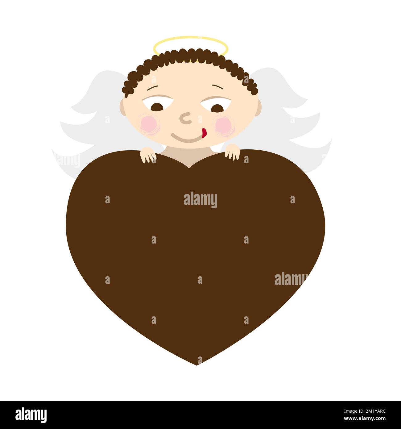 Bébé ange tenant chocolat bonbon coeur forme. Personnage de dessin animé cupid face. Illustration de Vecteur