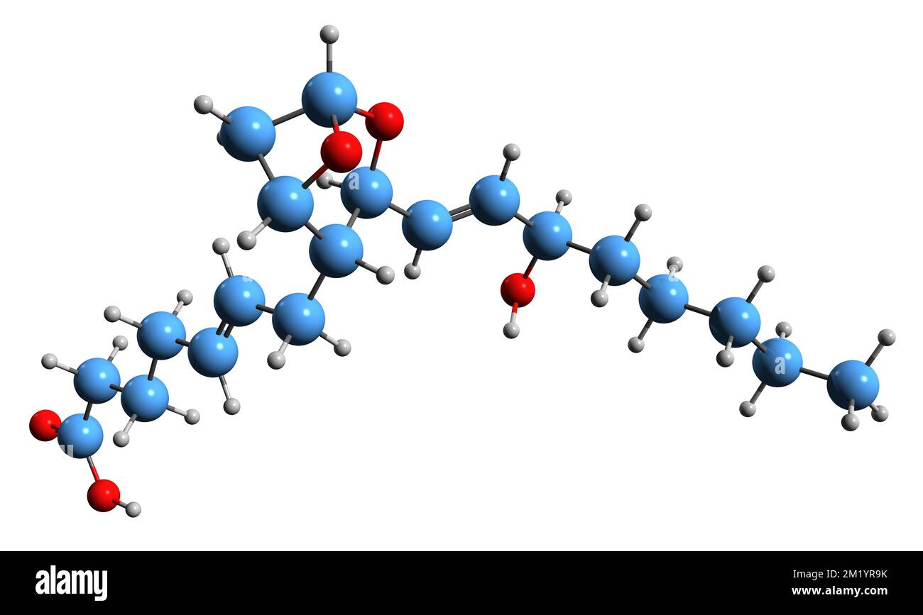 3D image du thromboxane A2 formule squelettique - structure chimique moléculaire de l'eicosanoïde isolée sur fond blanc Banque D'Images