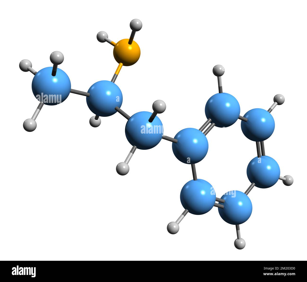 3D image de la formule squelettique Amphétamine - structure chimique moléculaire de l'alpha-méthylphénéthylamine isolée sur fond blanc Banque D'Images