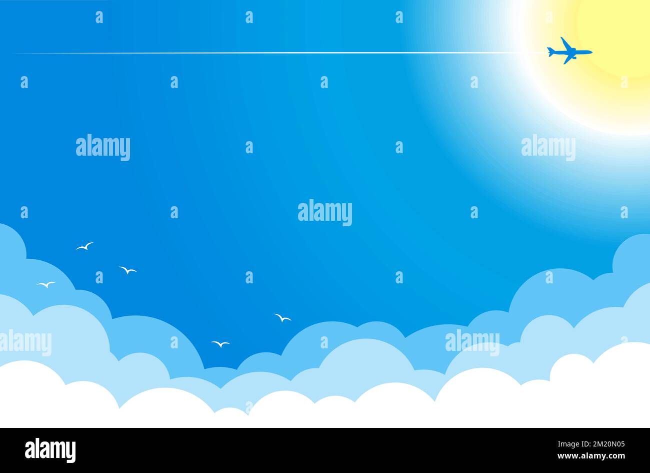 L'avion dans un ciel bleu survole les nuages sur fond de soleil. Arrière-plan vectoriel Illustration de Vecteur
