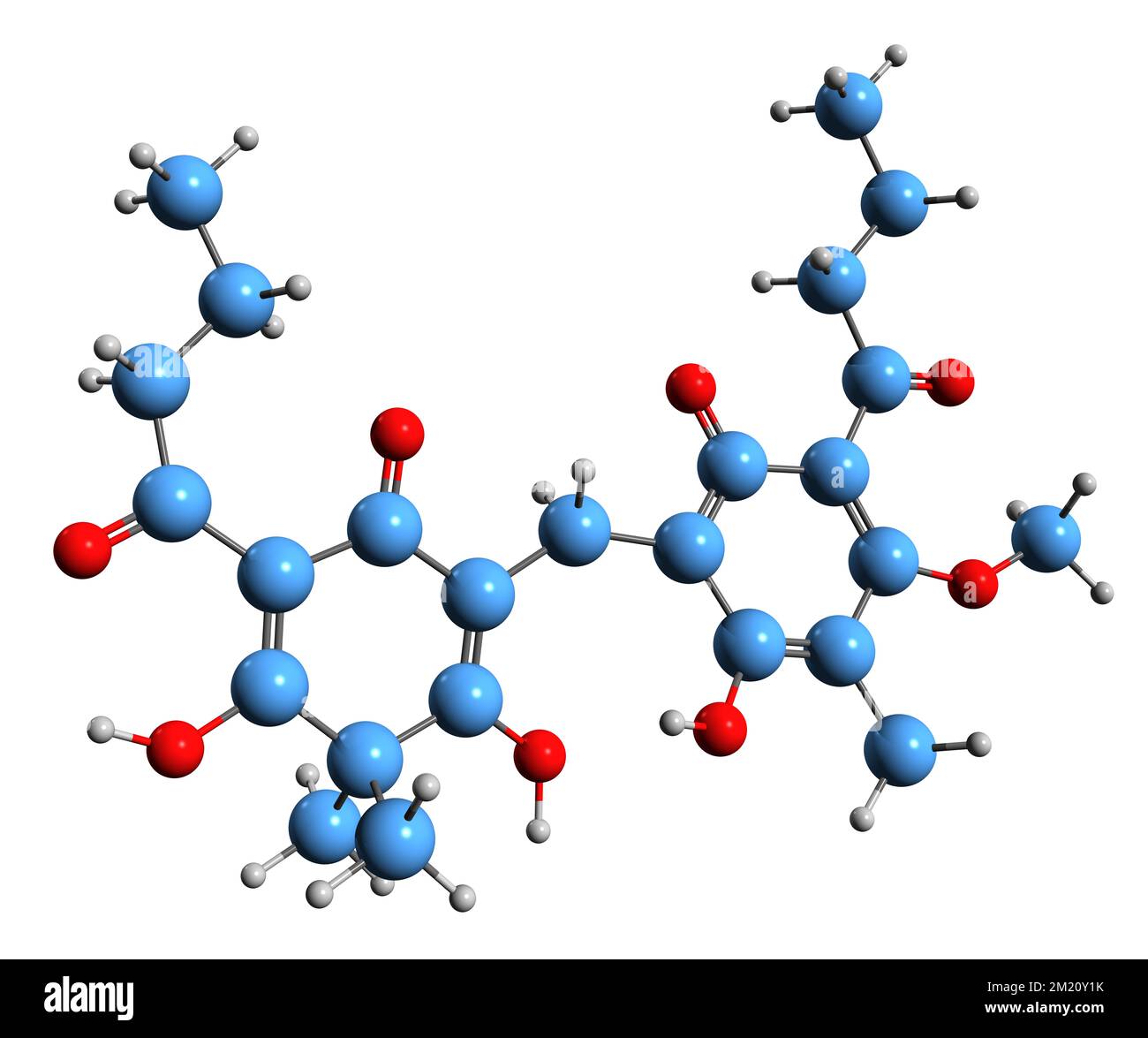 3D image de la formule squelettique de la flavaspidine - structure chimique moléculaire de la phytochimie isolée sur fond blanc Banque D'Images