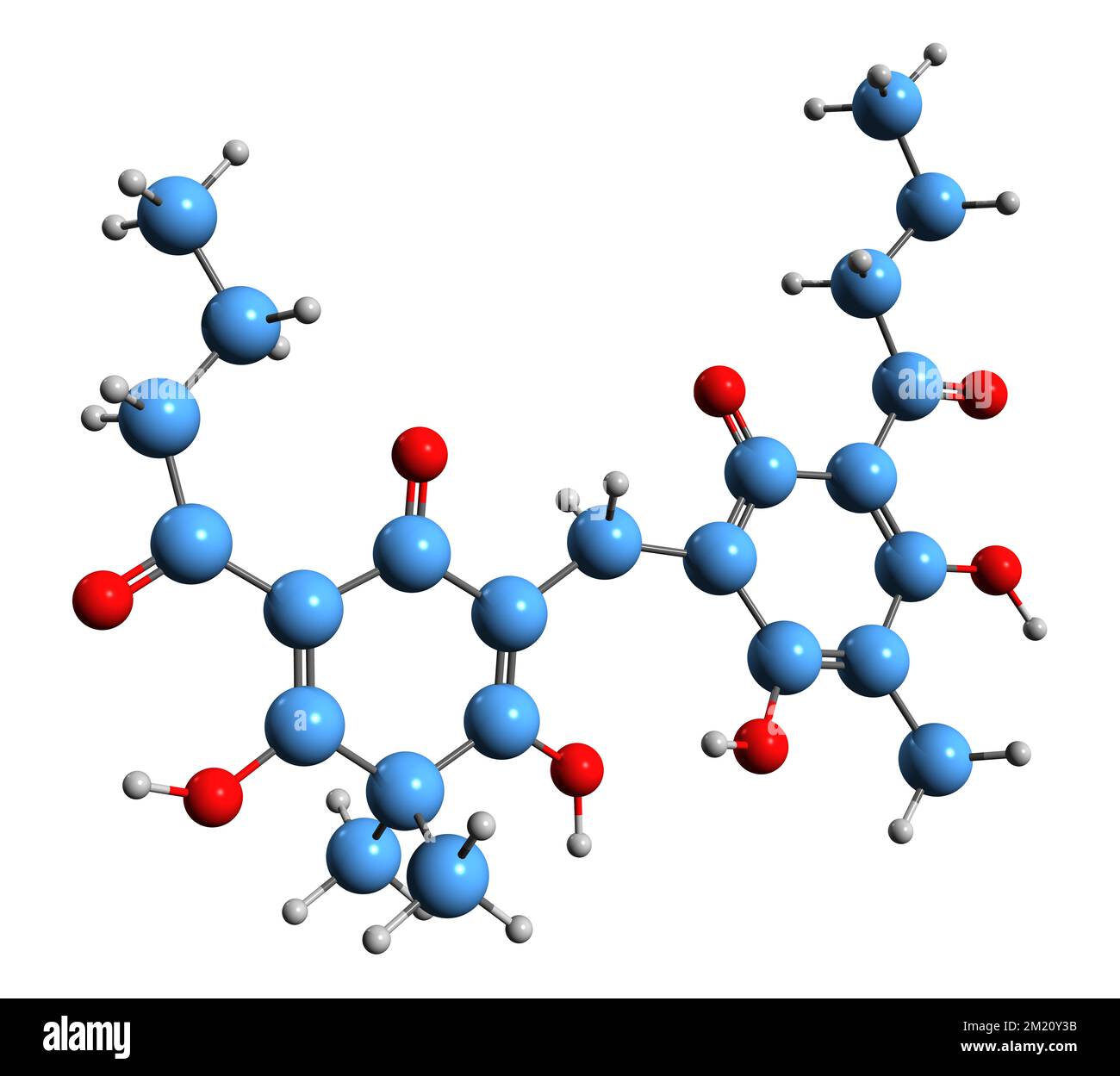 3D image de la formule squelettique de l'acide flavaspidine - structure chimique moléculaire de la phytochimie isolée sur fond blanc Banque D'Images