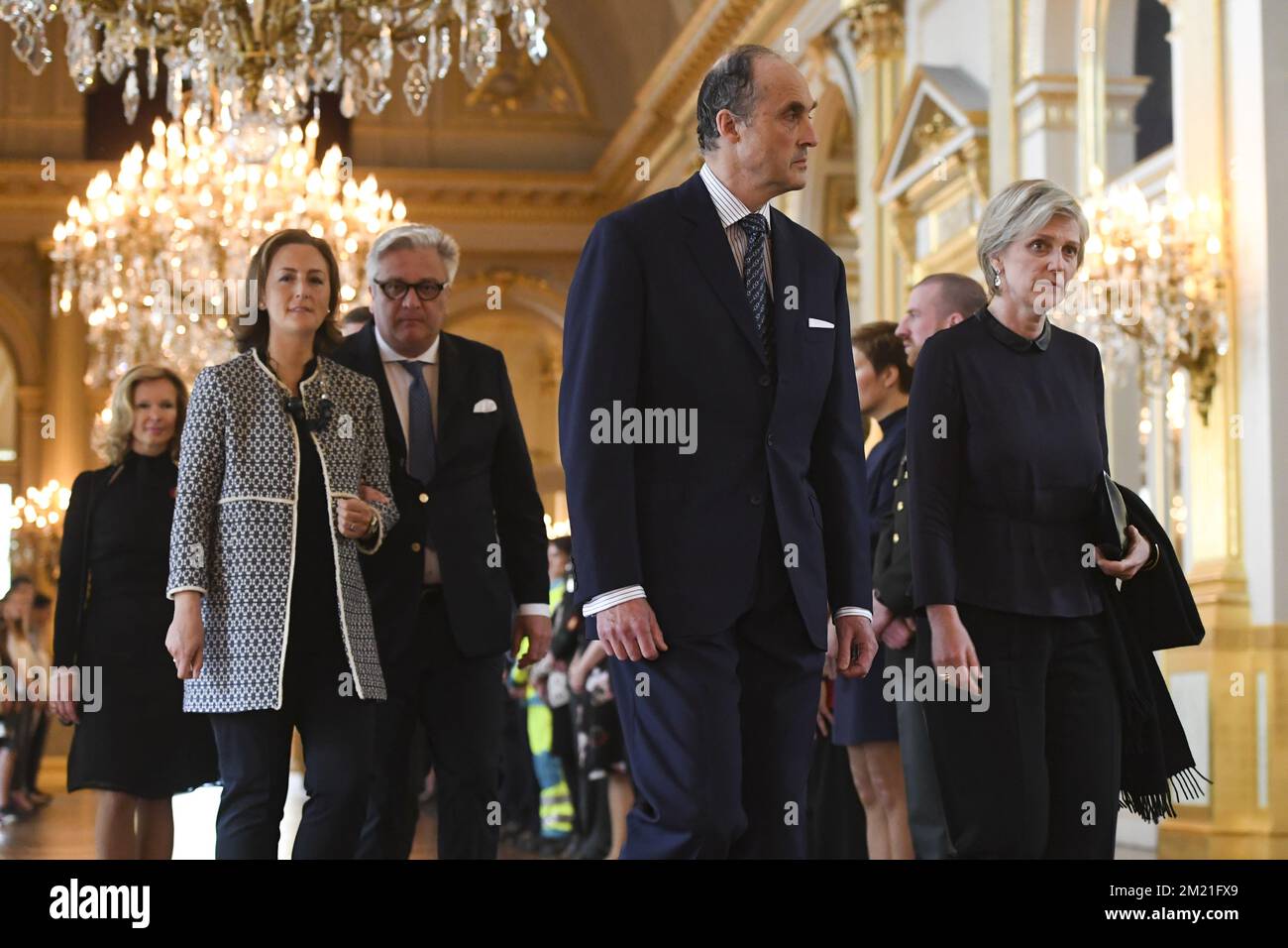 La princesse Claire, le prince Laurent, le prince Lorenz et la princesse Astrid assistent à un service de mémoire royal pour les victimes des attentats terroristes de 22 mars, le dimanche 22 mai 2016, au Palais royal de Bruxelles. BELGA PHOTO POOL FREDERIC SIERAKOWSKI Banque D'Images
