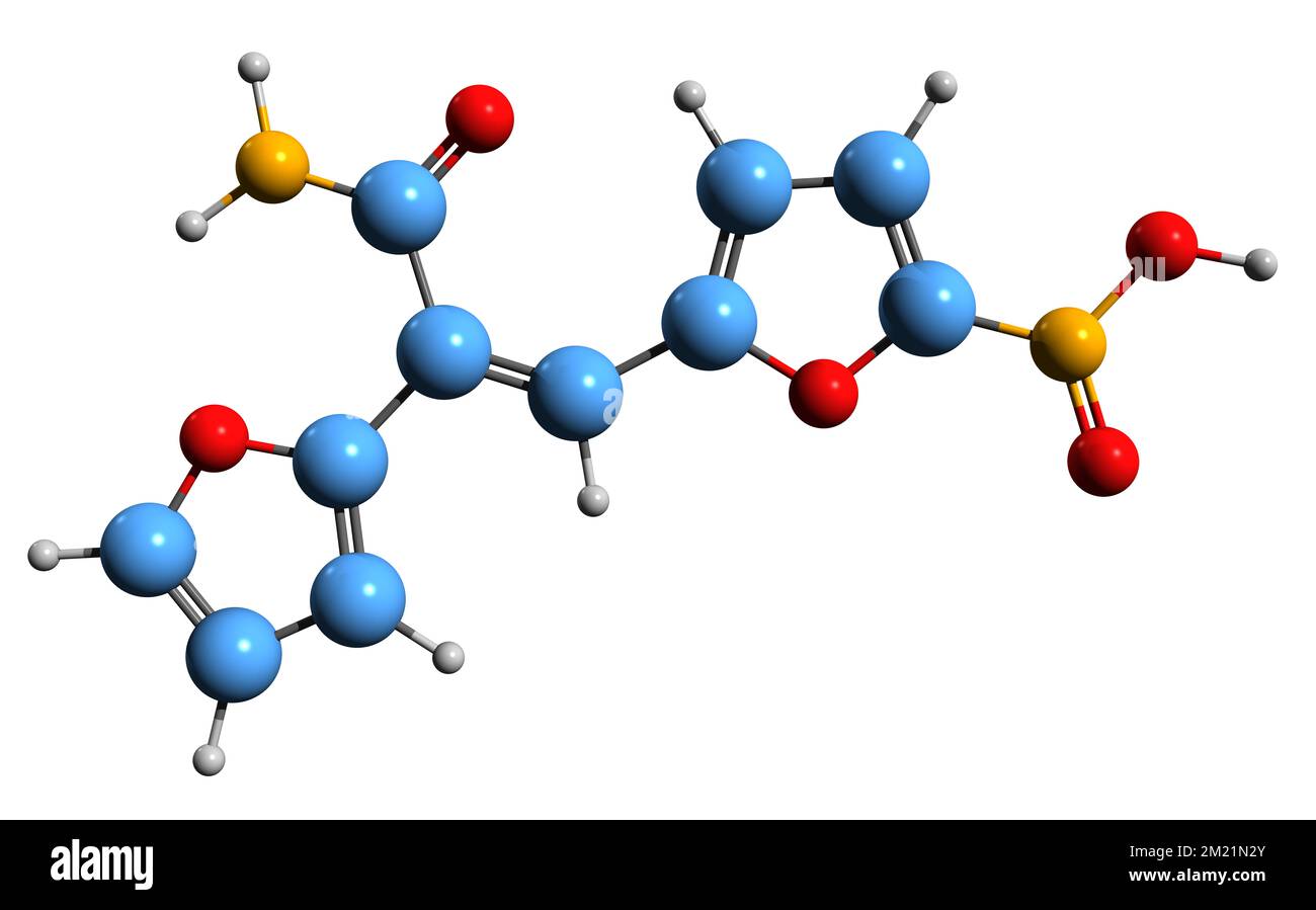 3D image de la formule squelettique de Furylfuramide - structure chimique moléculaire du dérivé nitrofurane synthétique isolé sur fond blanc Banque D'Images