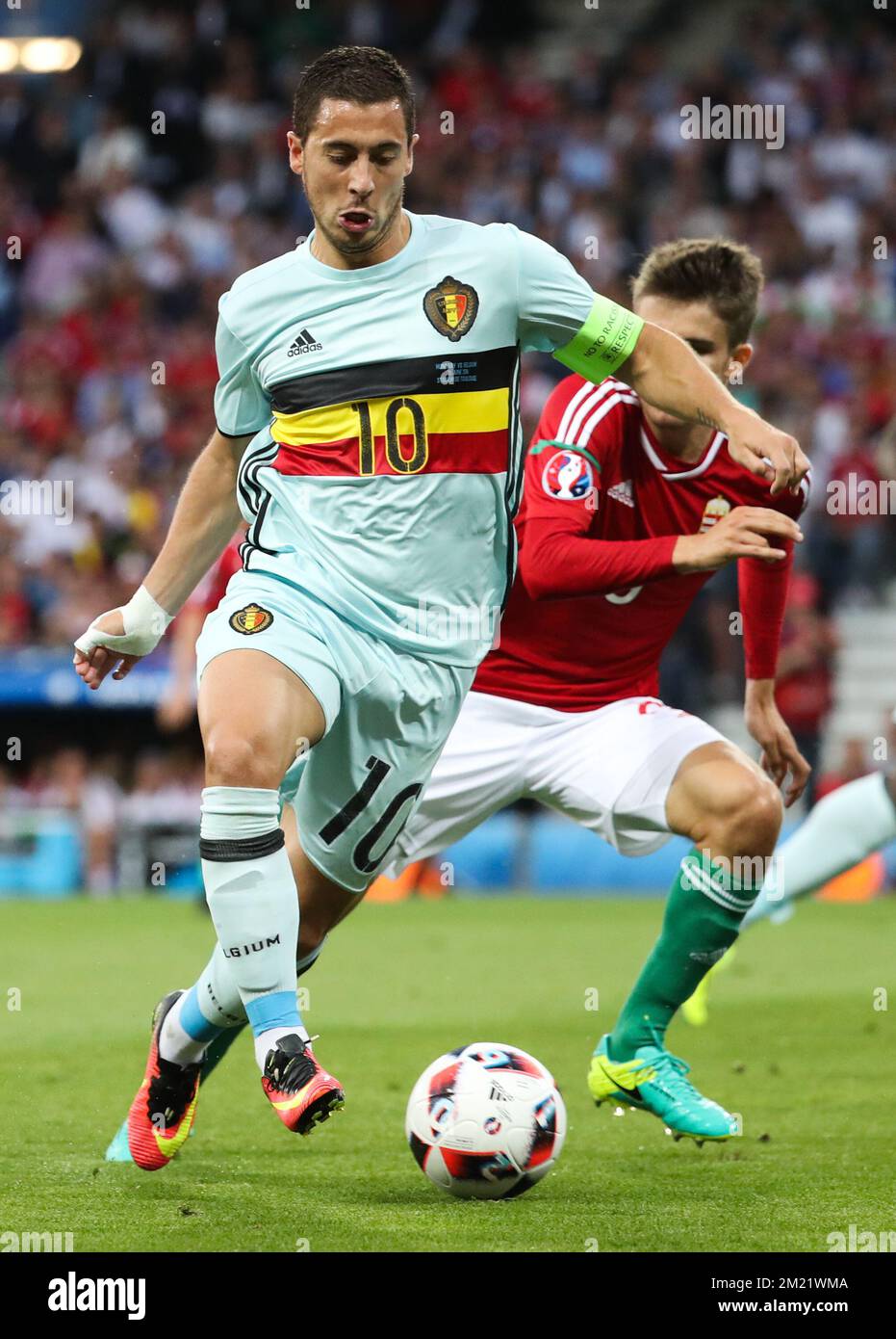 Eden Hazard de Belgique photographié en action lors d'un match de football entre l'équipe nationale belge Red Devils et la Hongrie, dans la ronde de 16 des Championnats d'Europe de l'UEFA Euro 2016, le dimanche 26 juin 2016, à Toulouse, en France. Banque D'Images