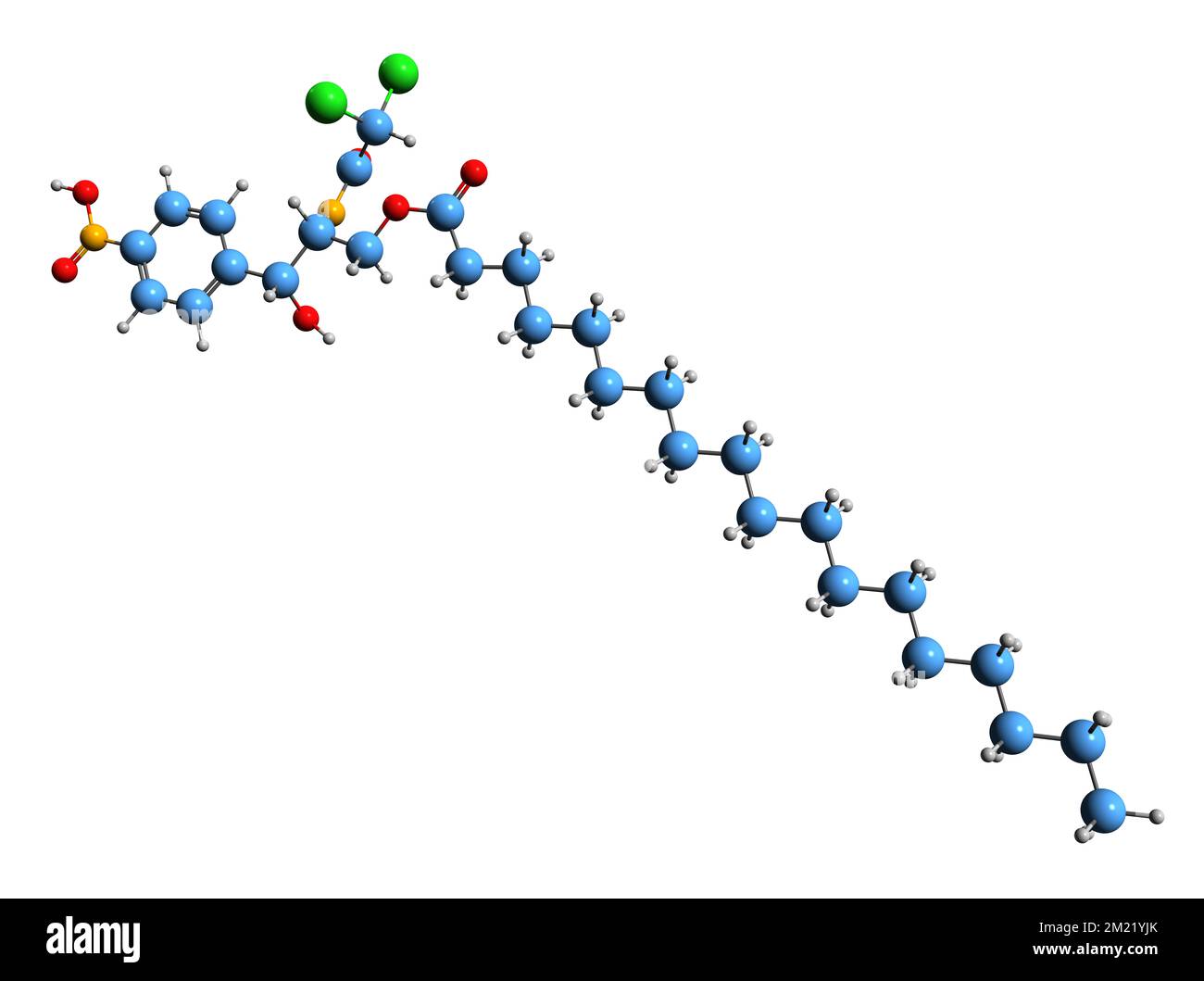 3D image de la formule squelettique du stéarate de chloramphénicol - structure chimique moléculaire de l'eusynthomycine isolée sur fond blanc Banque D'Images