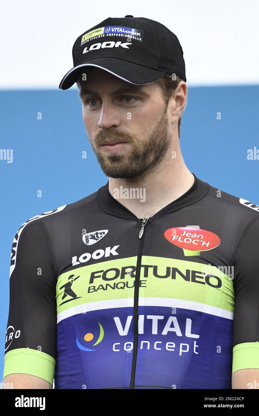 Daniel McLay de Fortuneo-Vital, de la Nouvelle-Zélande, photographié lors d'une présentation par équipe avant le début de l'édition 103rd de la course cycliste Tour de France, jeudi 30 juin 2016 à Sainte-Mere-Eglise, France. Le Tour de France de cette année aura lieu de 2 juillet au 24rth juillet. BELGA PHOTO YORICK JANSENS Banque D'Images