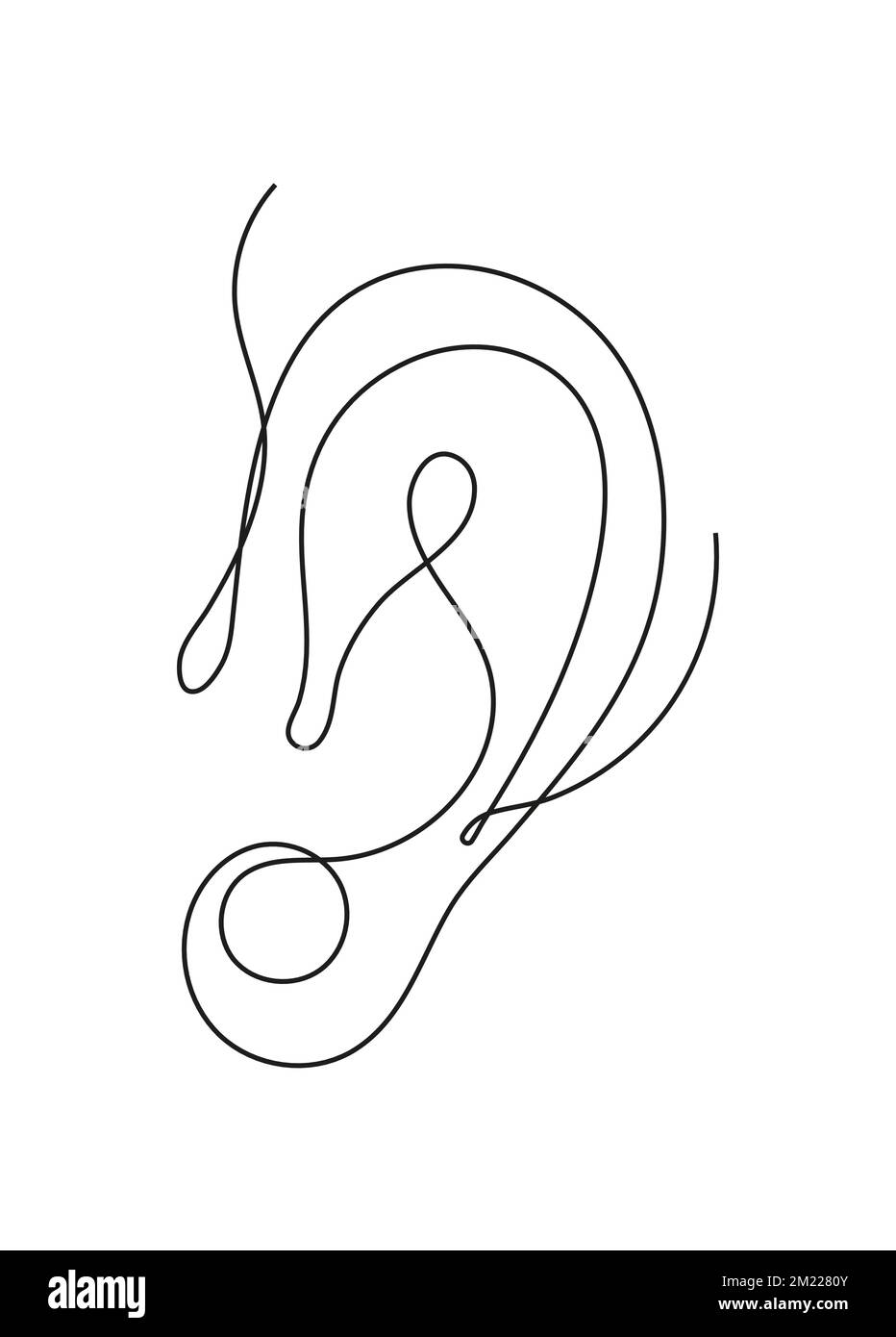 Cinq sens humains en ligne continue. Icône d'illustration du contour d'oreille, de style dessiné à la main, linéaire Illustration de Vecteur