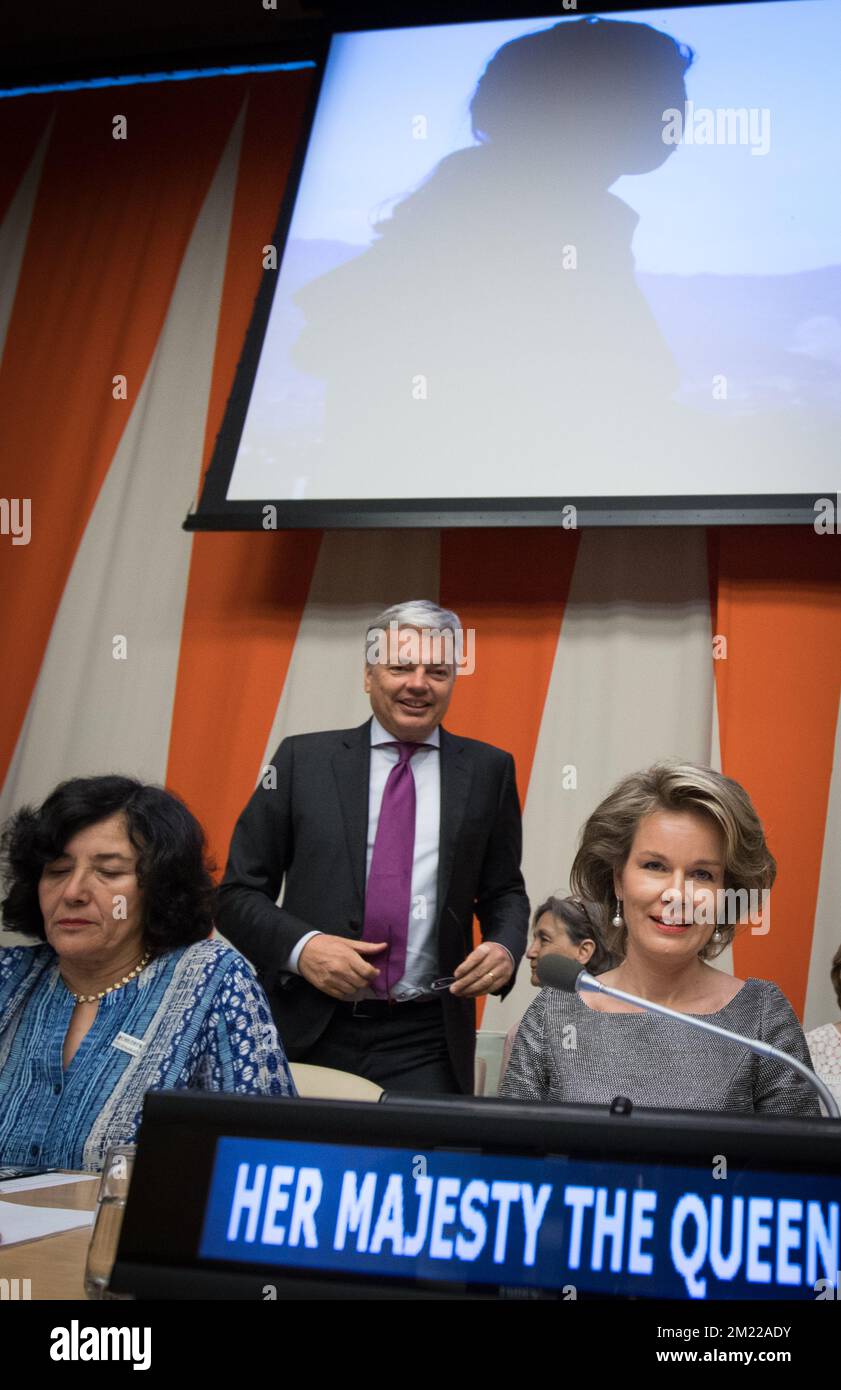 Sous-Secrétaire général Représentant spécial de la Secretry Genral pour les enfants et les conflits armés, Leila Zerrougui, Vice-Premier Ministre et Ministre des affaires étrangères Didier Reynders et Reine Mathilde de Belgique photographiés lors de la conférence des Nations Unies sur les enfants et non les soldats, Le premier jour d'une visite de la Reine belge et ministre des Affaires étrangères à New York, le lundi 11 juillet 2016, aux États-Unis. Banque D'Images