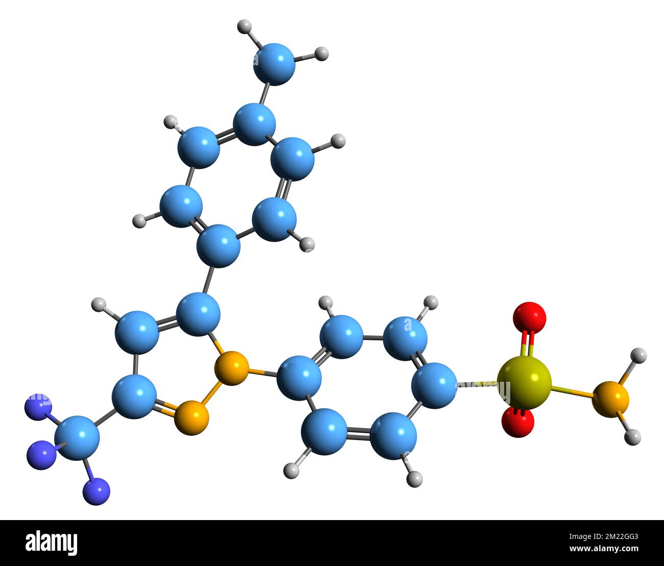 3D image de la formule squelettique du célécoxib - structure chimique moléculaire de l'inhibiteur de COX-2 isolé sur fond blanc Banque D'Images