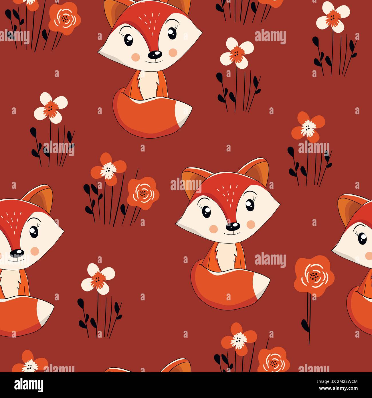 Motif sans couture avec bébé renard mignon sur fond de couleur. Animaux de forêt amusants. Carte, cartes postales pour enfants. Illustration vectorielle plate pour tissu, textile Illustration de Vecteur