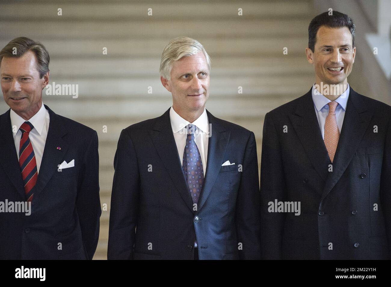 Grand-duc Henri de Luxembourg, roi Philippe - Filip de Belgique et prince héréditaire du Liechtenstein, Alois photographié lors d'un dîner de gala au Palais royal de Laeken/Laken à Bruxelles, pour le treizième sommet informel des chefs d'État germanophones, le mercredi 07 septembre 2016. Banque D'Images