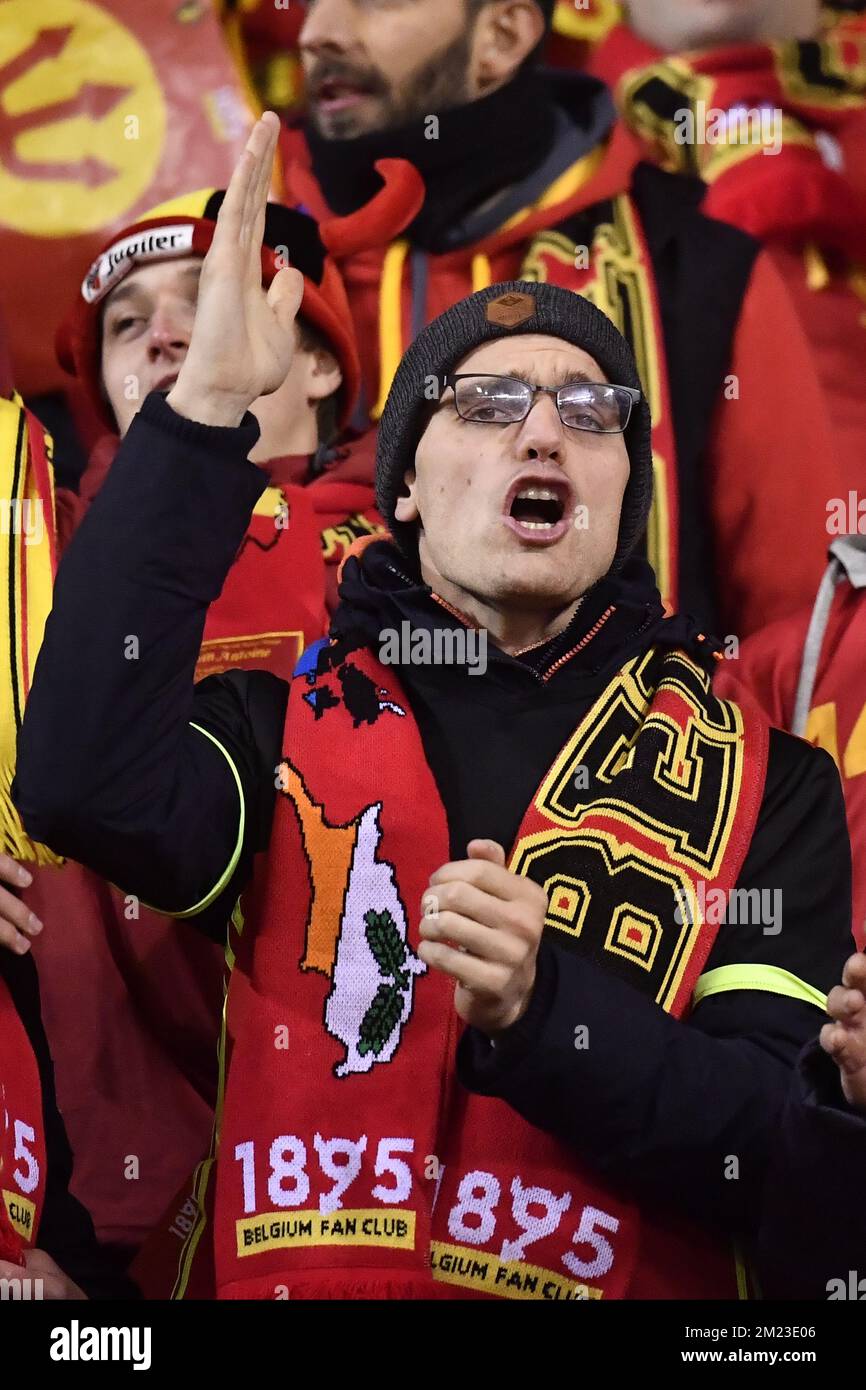 Les fans belges photographiés lors d'un match de qualification pour la coupe du monde de football 2018 entre l'équipe nationale belge de football Red Devils et l'équipe estonienne de football, le dimanche 13 novembre 2016, à Bruxelles. C'est le quatrième jeu de qualification et la Belgique a été à la tête du groupe H avec trois victoires dans les premiers jeux. BELGA PHOTO DIRK WAEM Banque D'Images