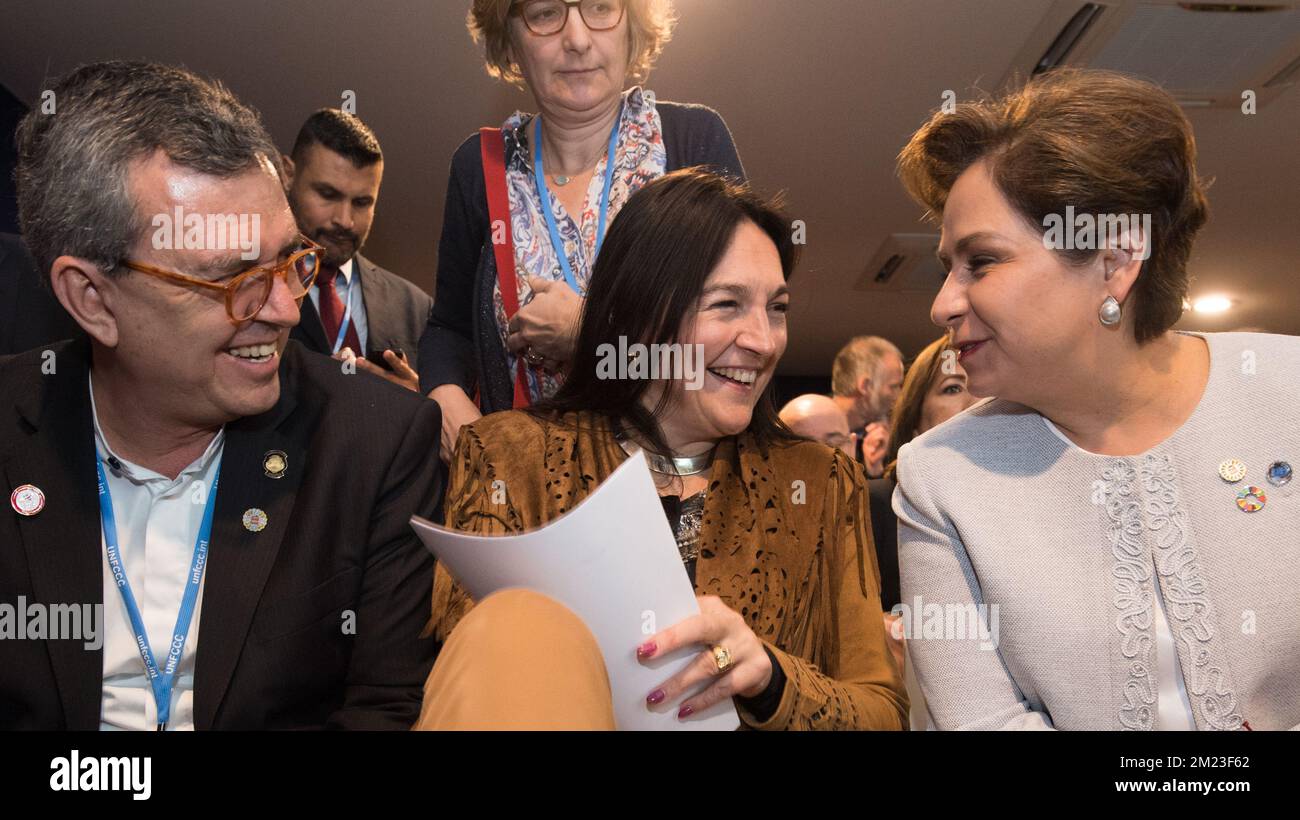 Edgar Gutierrez Espeleta, ministre de l'énergie, de l'environnement et du développement durable, Marie-Christine Marghem et Patricia Espinosa, secrétaire exécutive de la CCNUCC, photographiée lors de la Conférence mondiale des Nations Unies sur les changements climatiques 2016, qui s'est tenue à Marrakech, au Maroc, le mardi 15 novembre COP22 2016. Banque D'Images