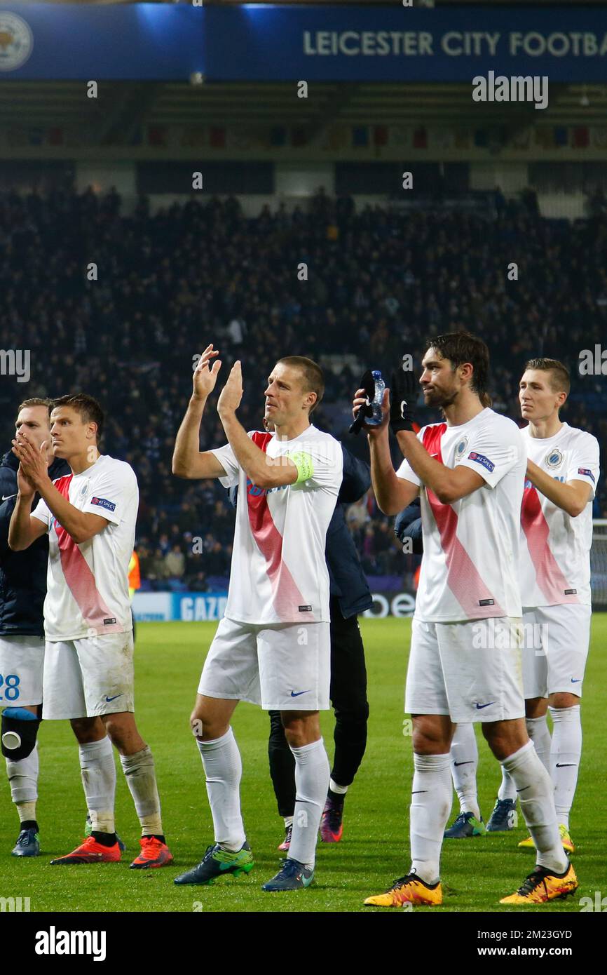 Les joueurs du Club photographiés après un match entre le club britannique Leicester City football Club et l'équipe belge de football de première division Club Brugge KV, cinquième match de la Ligue des Champions sur scène, dans le groupe G, à Leicester, en Grande-Bretagne, le mardi 22 novembre 2016. Banque D'Images