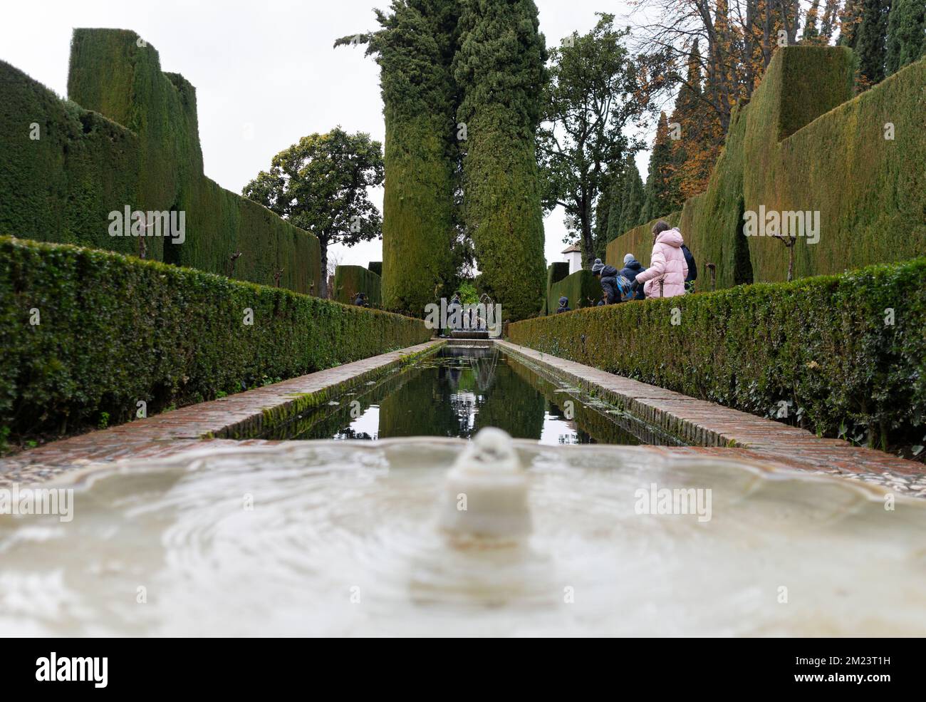 Generalife jardin polices et petits buissons avec touriste Banque D'Images