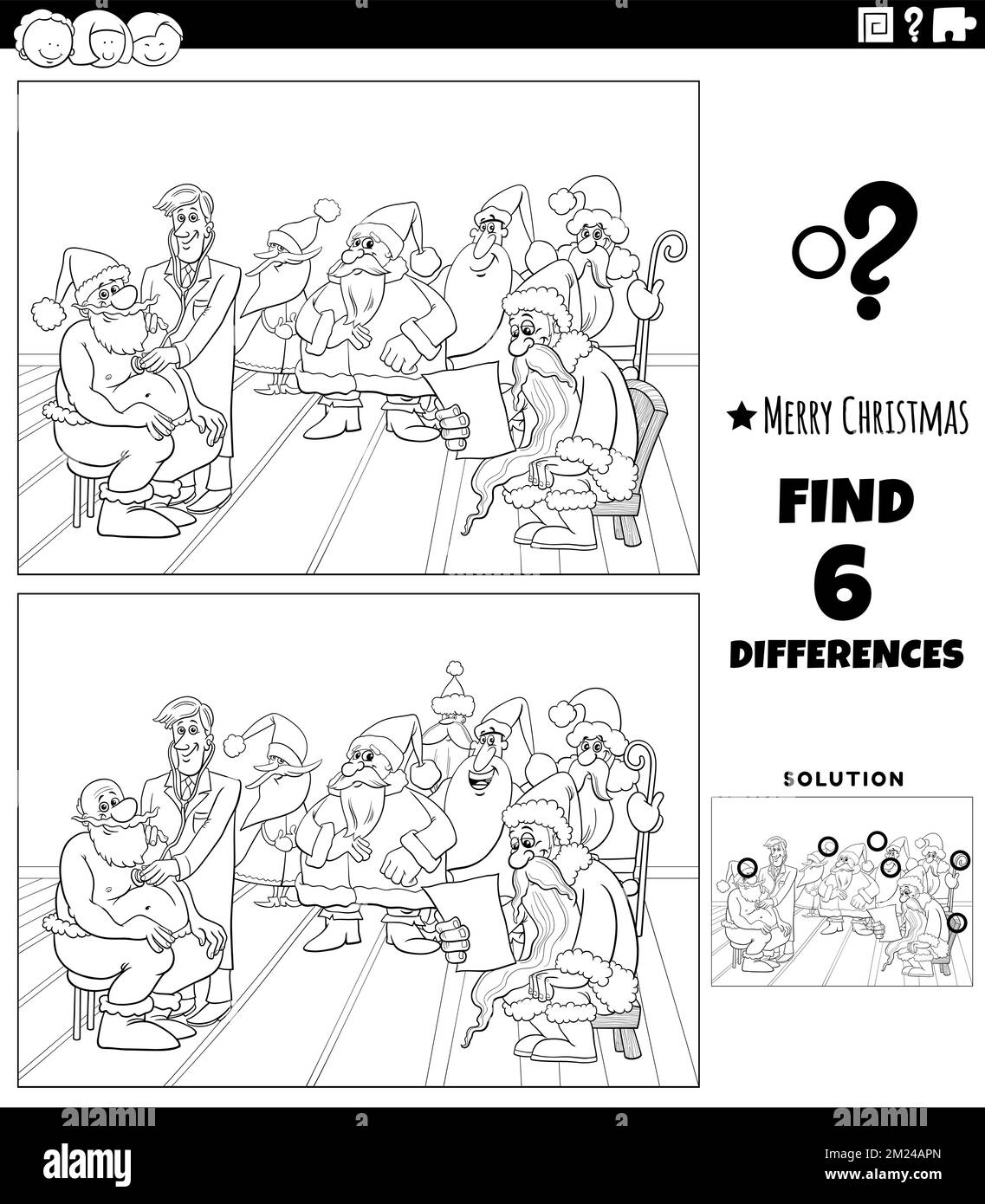 Dessin animé noir et blanc illustration de la recherche de différences entre les photos tâche éducative pour les enfants avec des personnages comiques de Santa clauses sur CHRI Illustration de Vecteur