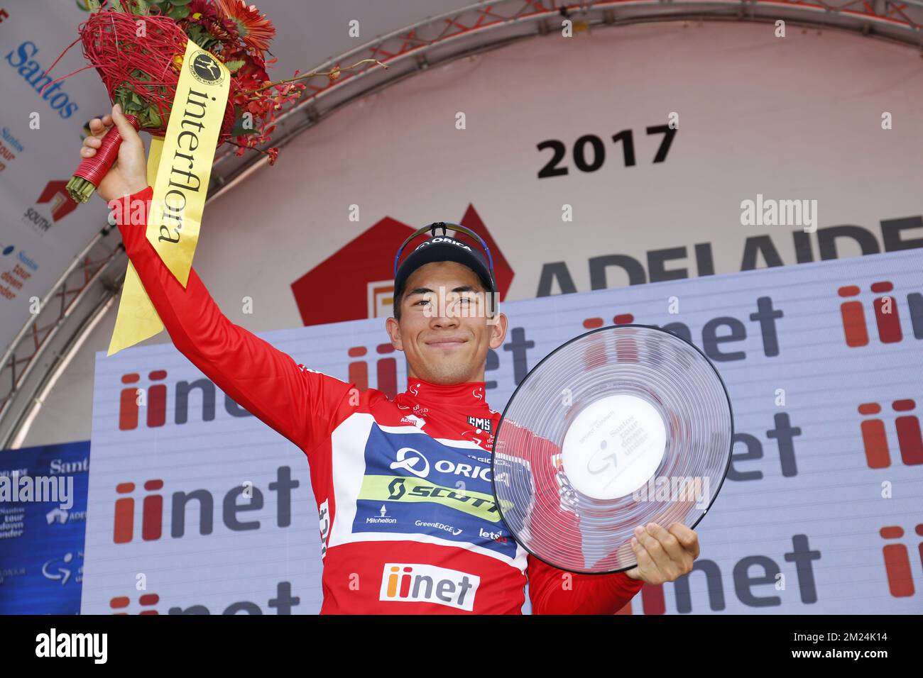 L'australien Caleb Ewan d'Orica Scott, lauréat du classement des points, célèbre sur le podium après la sixième et dernière étape de l'édition 19th de la course de vélo Tour Down Under, à 90 km d'Adélaïde à Adélaïde, le dimanche 22 janvier 2017, en Australie. BELGA PHOTO YUZURU SUNADA Banque D'Images