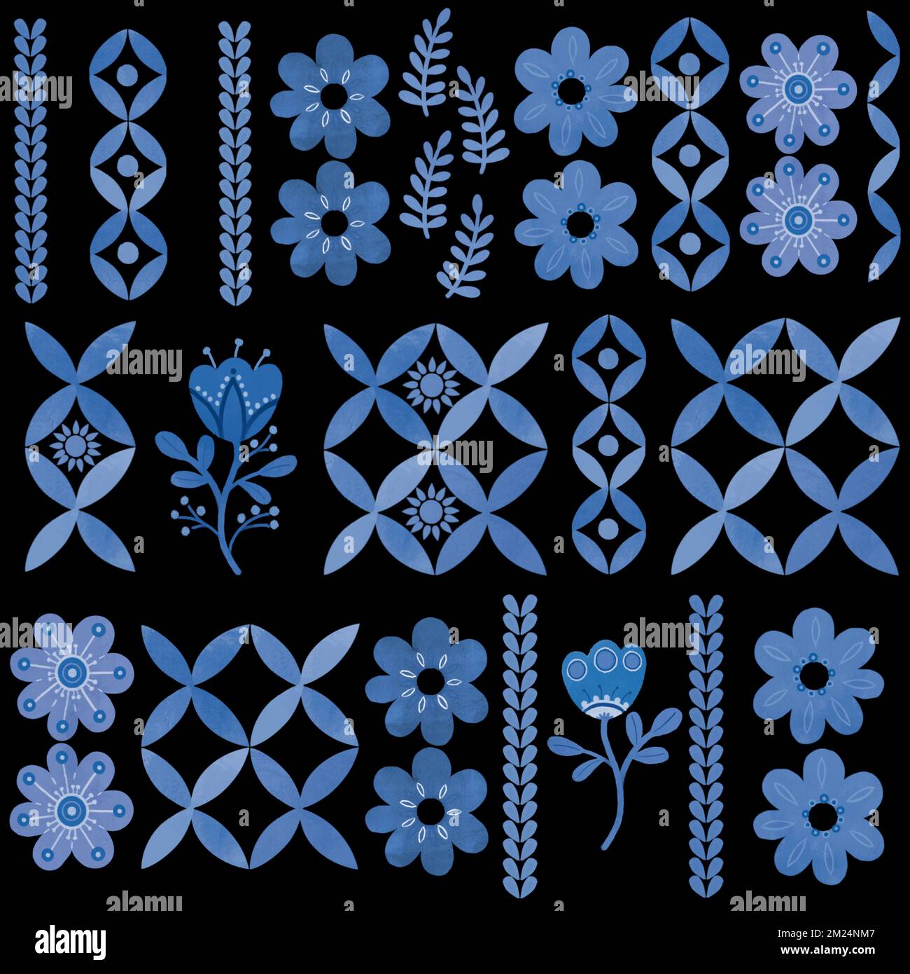 Motif floral bleu damassé à la main. Motif, décoration en mosaïque. Branche bleue, fleurs et feuilles. Élément décoratif azulejo bleu et blanc ornemental Banque D'Images