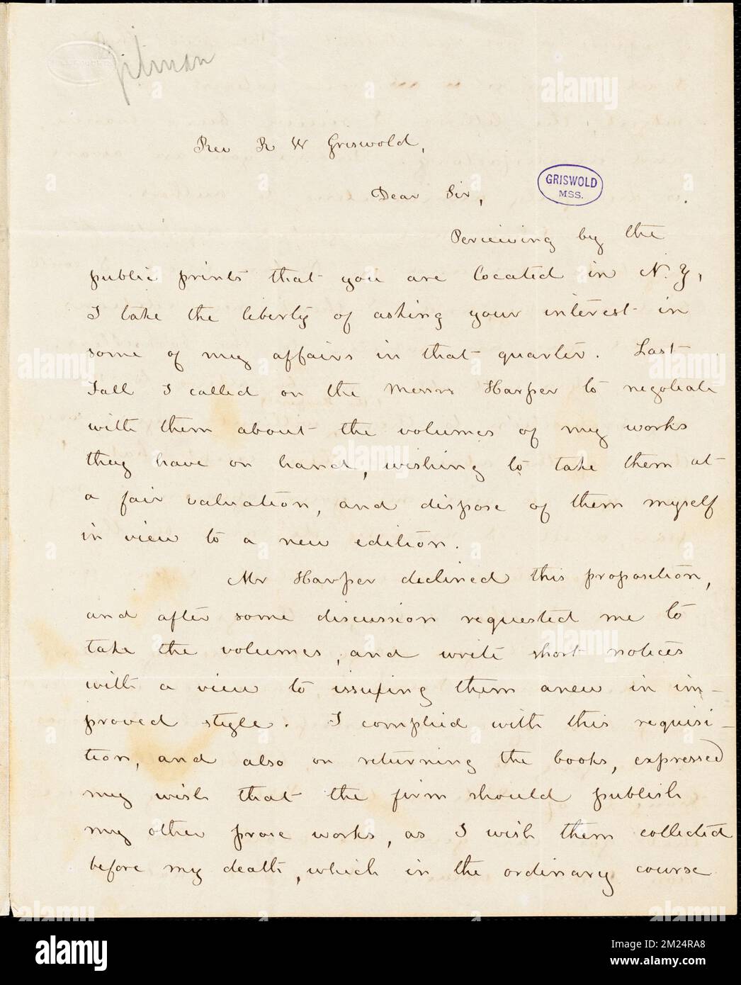 Caroline (Howard) Gilman, Charleston, SC., lettre autographe signée à R. W. Griswold, le 1 juillet [1852?] , Littérature américaine, 19th siècle, Histoire et critique, auteurs, American, 19th Century, correspondance, auteurs et éditeurs, Poets, Américain, 19th siècle, correspondance. Papiers Rufus W. Griswold Banque D'Images