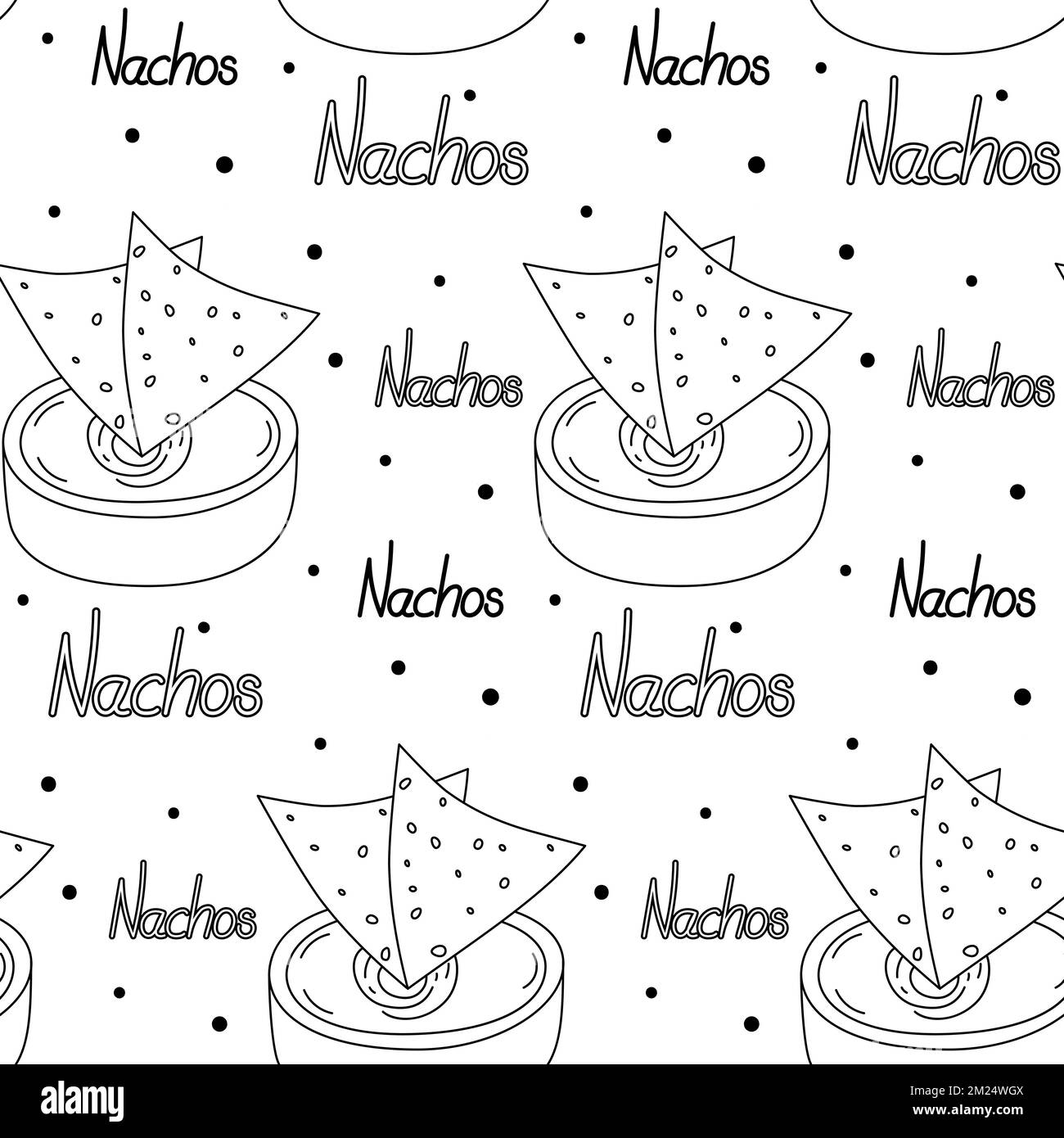 Motif sans fin avec frites mexicaines traditionnelles Nachos et sauce dans un bol avec des Nachos en lettrage à la main. Cuisine latino-américaine. Texture de fond. Isoler. Idéal pour l'emballage, le papier peint, l'étiquette, la carte. EPS Illustration de Vecteur