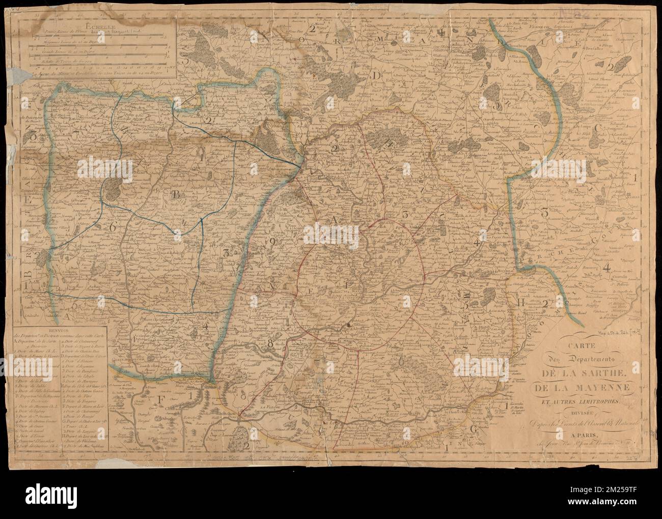 Carte des départements de la Sarthe, de la Mayenne et autres limiteurs, division d'apres les départements de l'Assemblée nationale , Sarthe France, Maps, Mayenne France : Dept., Maps Norman B. Leventhal Map Centre Collection Banque D'Images