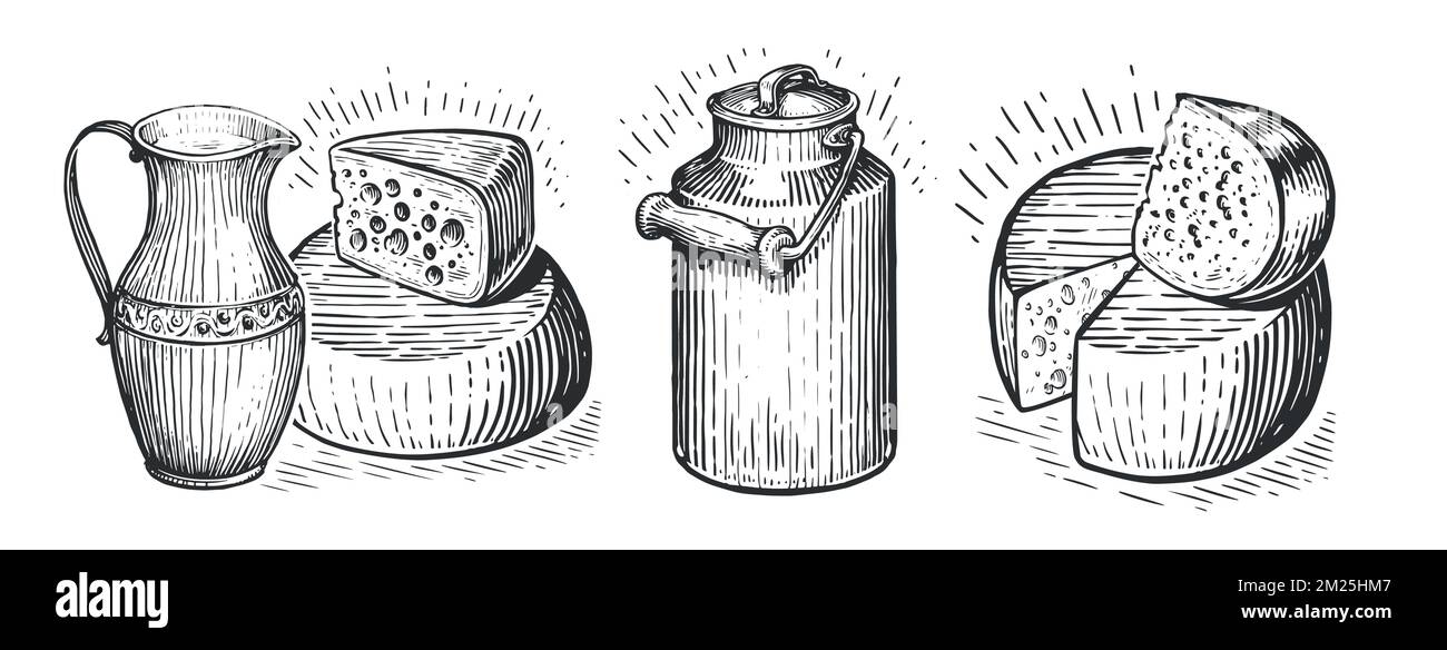 Collection de produits biologiques de fermes laitières. Jeu de croquis fromage, lait concept. Illustration vectorielle vintage Illustration de Vecteur