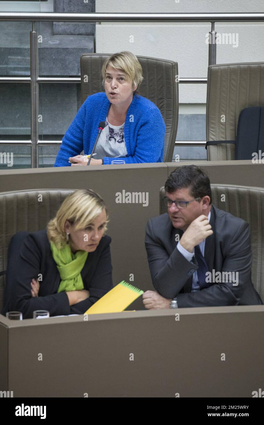 Ministre flamand de l'Environnement, de l'aménagement du territoire et de l'Agriculture Joke Schauvliege, ministre flamand du logement, de la pauvreté, de la politique intérieure, de l'intégration, de l'égalité des chances et de l'économie sociale Liesbeth Homans et ministre flamand des Finances, du Budget et de l'énergie Bart Tommelein photographié lors d'une séance plénière du Parlement flamand à Bruxelles, le mercredi 15 mars 2017. BELGA PHOTO KOEN BLANCKAERT Banque D'Images