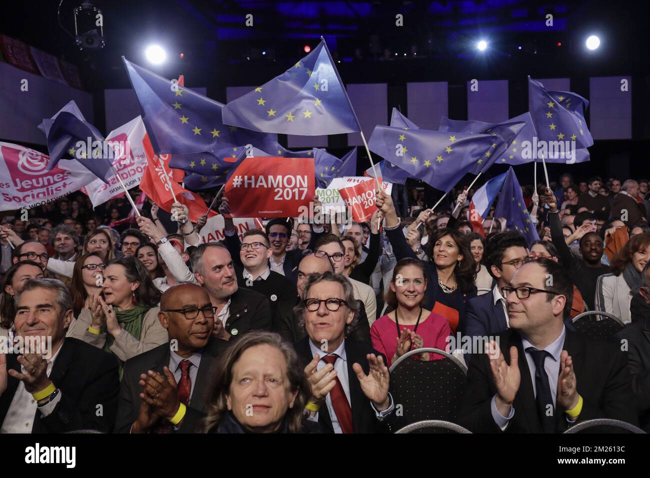 L'illustration montre une réunion avec le candidat français à l'élection présidentielle pour le parti socialiste français (PS) de gauche Benoit Hamon, mardi 21 mars 2017, à Bruxelles. BELGA PHOTO THIERRY ROGE Banque D'Images