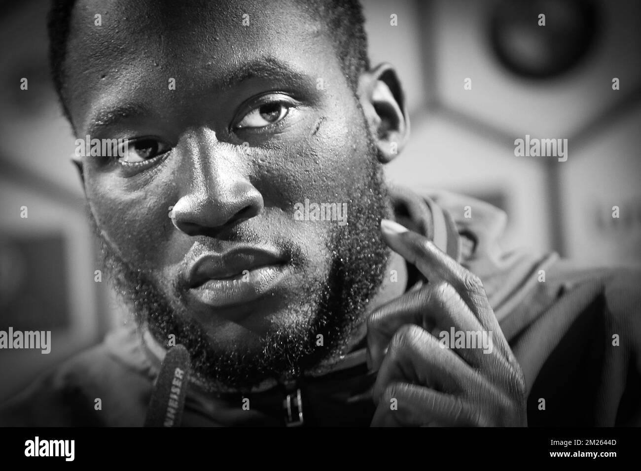 Romelu Lukaku en Belgique photographié lors d'une conférence de presse de l'équipe nationale belge de football Red Devils, vendredi 24 mars 2017, au Centre belge de football de Tubize. Demain la Belgique joue un match contre la Grèce dans la qualification pour la coupe du monde 2018 en Russie. BELGA PHOTO BRUNO FAHY Banque D'Images